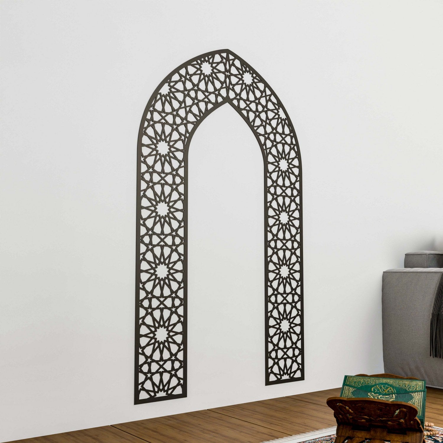 Islamic Wooden Mihrab Decor - Handcrafted Prayer Niche with 12-Pointed Star Motif for Home Mosque & Prayer Room Design Ideas
