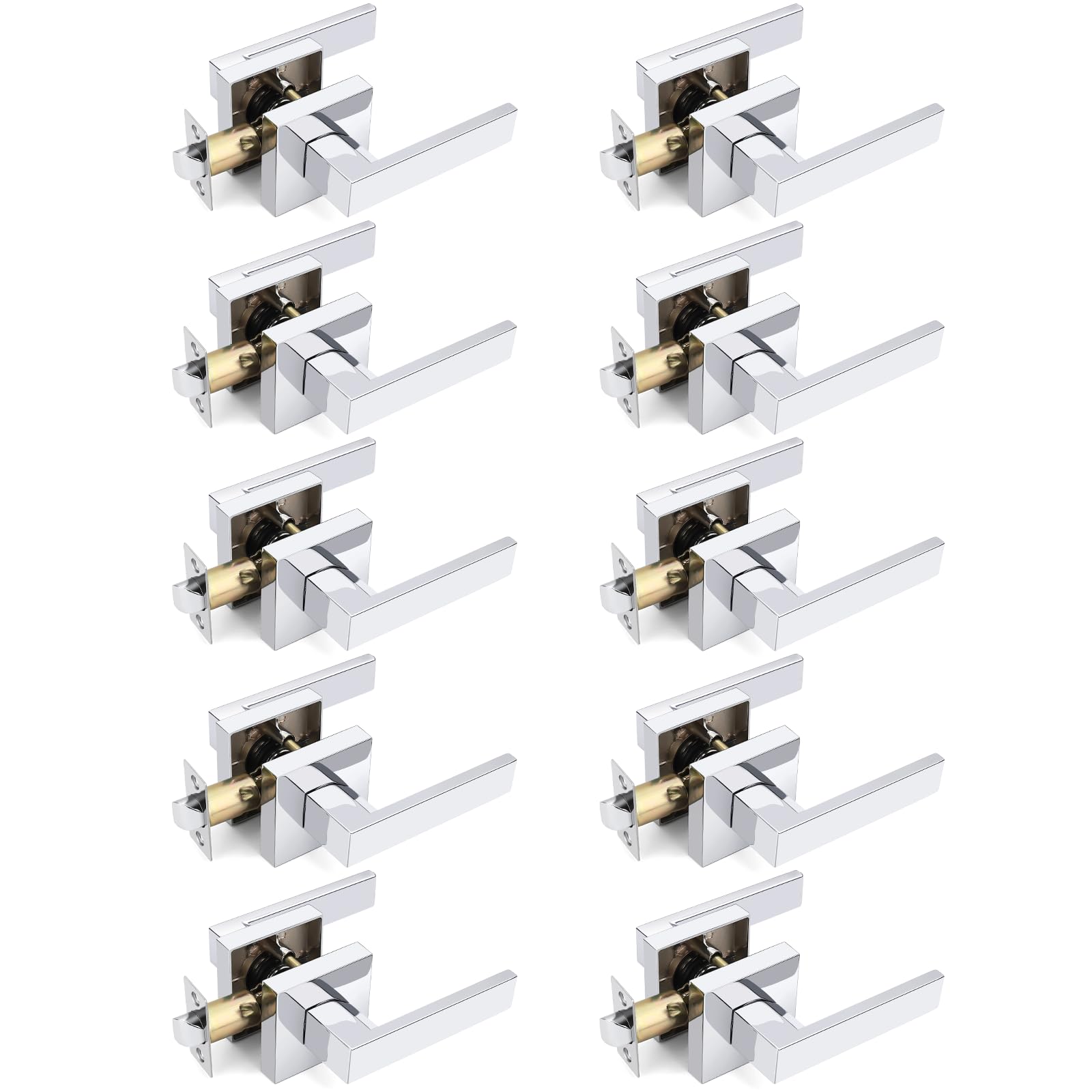 10 Pack No Lock Passage Door Lever Handle Set - Reversible for Right/Left Handed Doors - Heavy Duty Polished Chrome Square Lever - Ideal for Interior/Exterior Residential & Commercial Use - Perfect for Bedrooms, Offices, and Public Spaces
