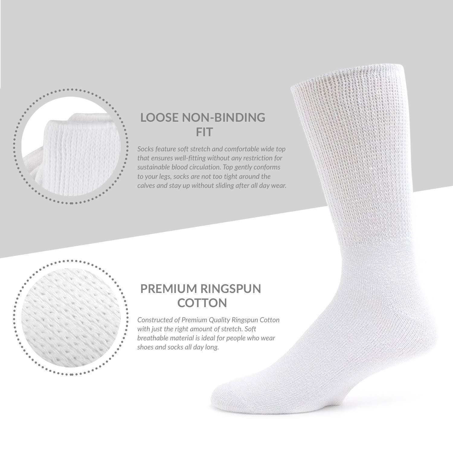 3 Pairs Premium Cotton Diabetic Socks for Men & Women - Loose Top Crew Socks for Neuropathy, Swelling Relief (Size 13-16, White) - Ideal for Daily Wear, Work & Travel Comfort