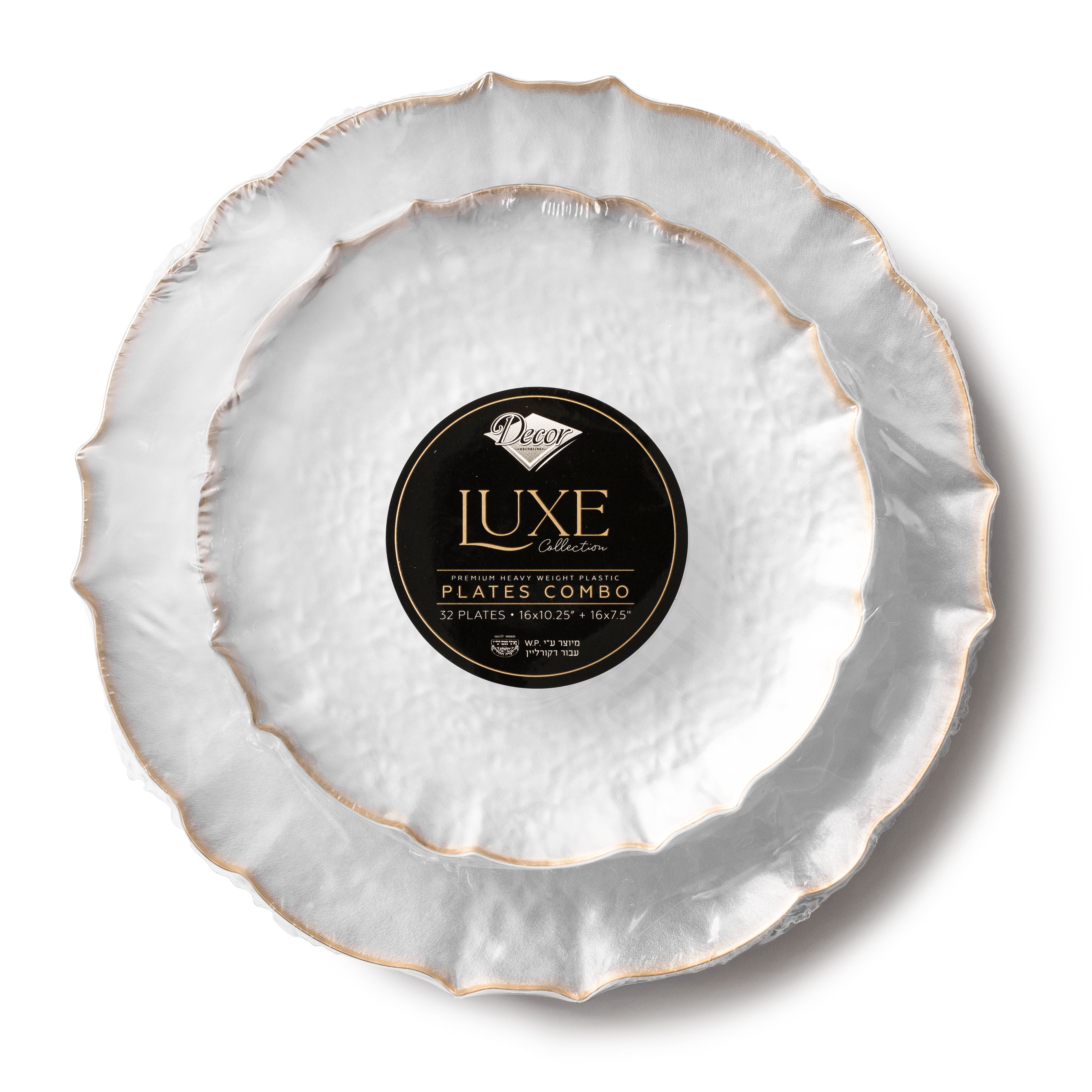 32-Piece Transparent White & Gold Round Plastic Dinnerware Set - Elegant Disposable Plates, Cups, Forks & Spoons for 16 Guests - Perfect for Weddings, Parties, Catering & Outdoor Events