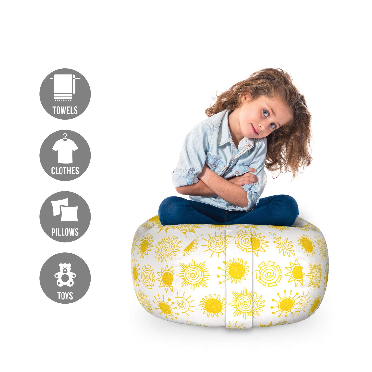 Ambesonne Cartoon Toy Storage Bag Chair - Washable Stuffed Animal Organizer with Sun Phase Design, Small Size in Mustard & White | Perfect for Kids' Room Organization & Playroom Decor