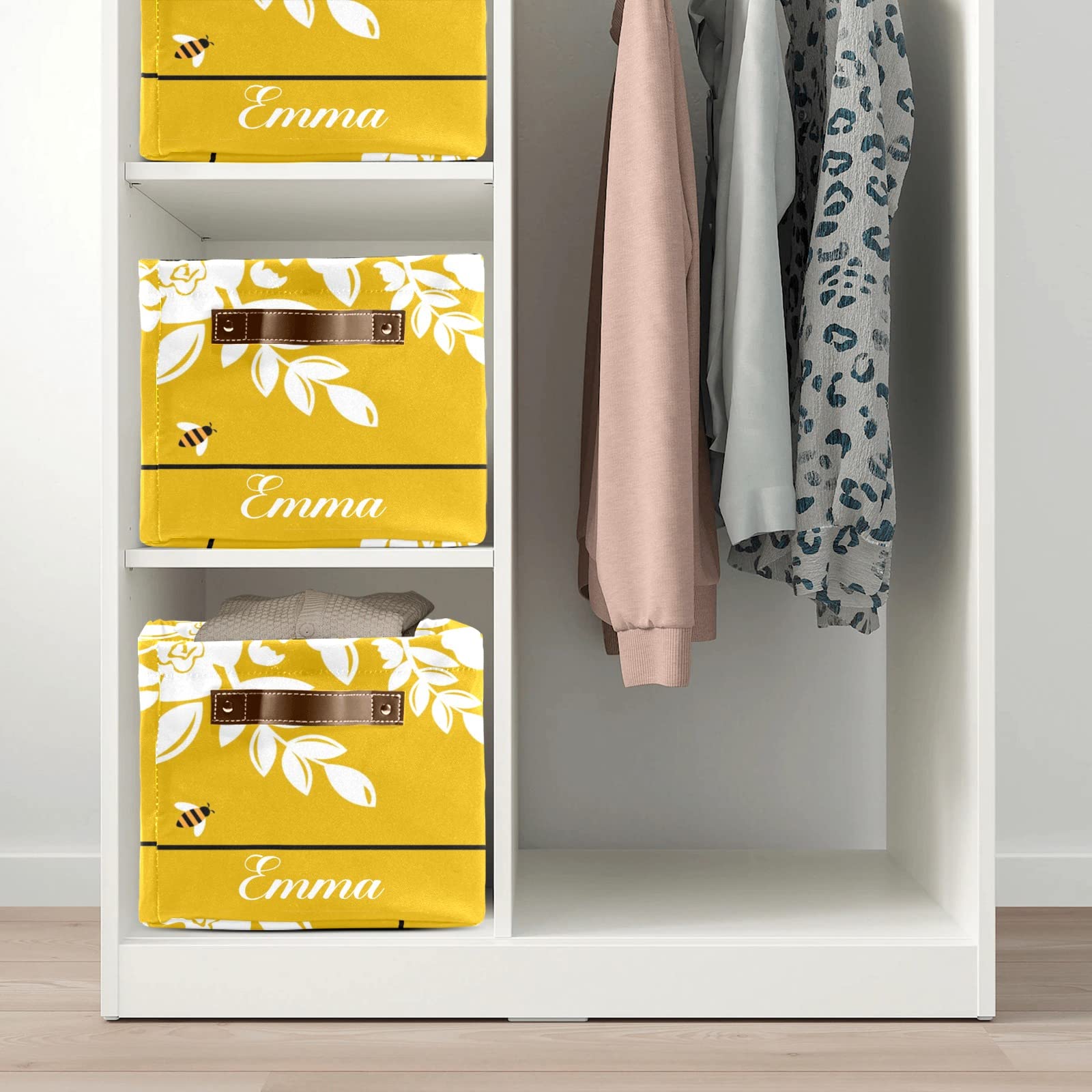 Deven Bee Happy Personalized Large Storage Baskets with Handles - 2 Pack Organizing Bins for Shelves, Closet, Bathroom & Nursery - Perfect for Home Decor & Storage Solutions