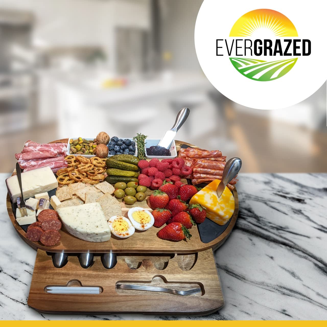 Premium Acacia Wood Cheese Board Set - Large Charcuterie Platter with Knives for Entertaining - Elegant Kitchen Serving Tray for Wine, Cheese & Meats - Perfect Gift for Thanksgiving, Christmas, Weddings & Special Occasions - Ideal for Dinner Parties, Wine Tastings & Holiday Gatherings