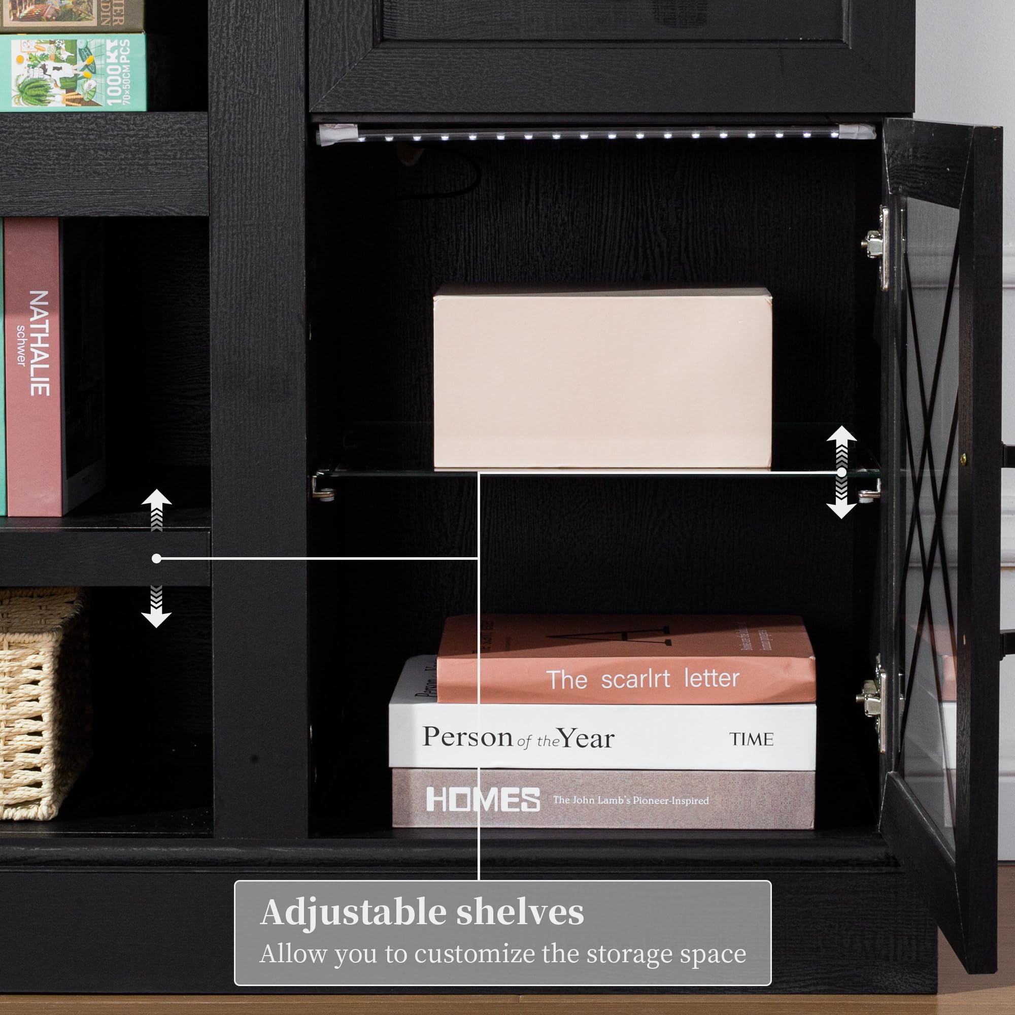 70 Inch Modern Farmhouse TV Stand for 80 Inch TVs - Wooden Entertainment Center with LED Lights & Glass Doors - Living Room & Bedroom Storage Cabinet (Black) | Perfect for Home Theater Setup & Media Organization