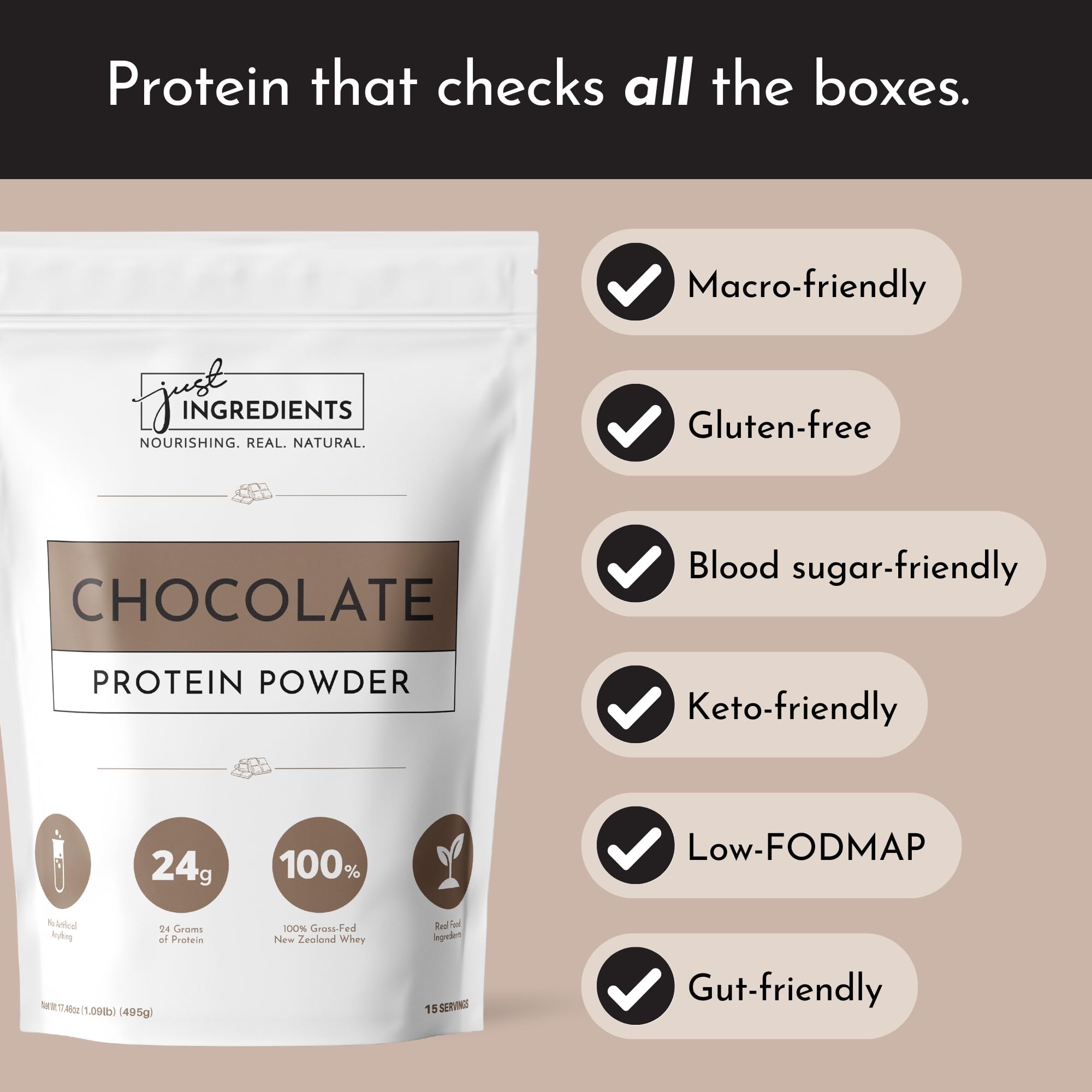 JUST INGREDIENTS Organic Whey Protein Powder - 24g Grass-Fed Protein per Serving, Chocolate Flavor (15 Servings) | Non-Denatured, 5 Whole Food Sources | Perfect for Post-Workout Recovery & Muscle Building