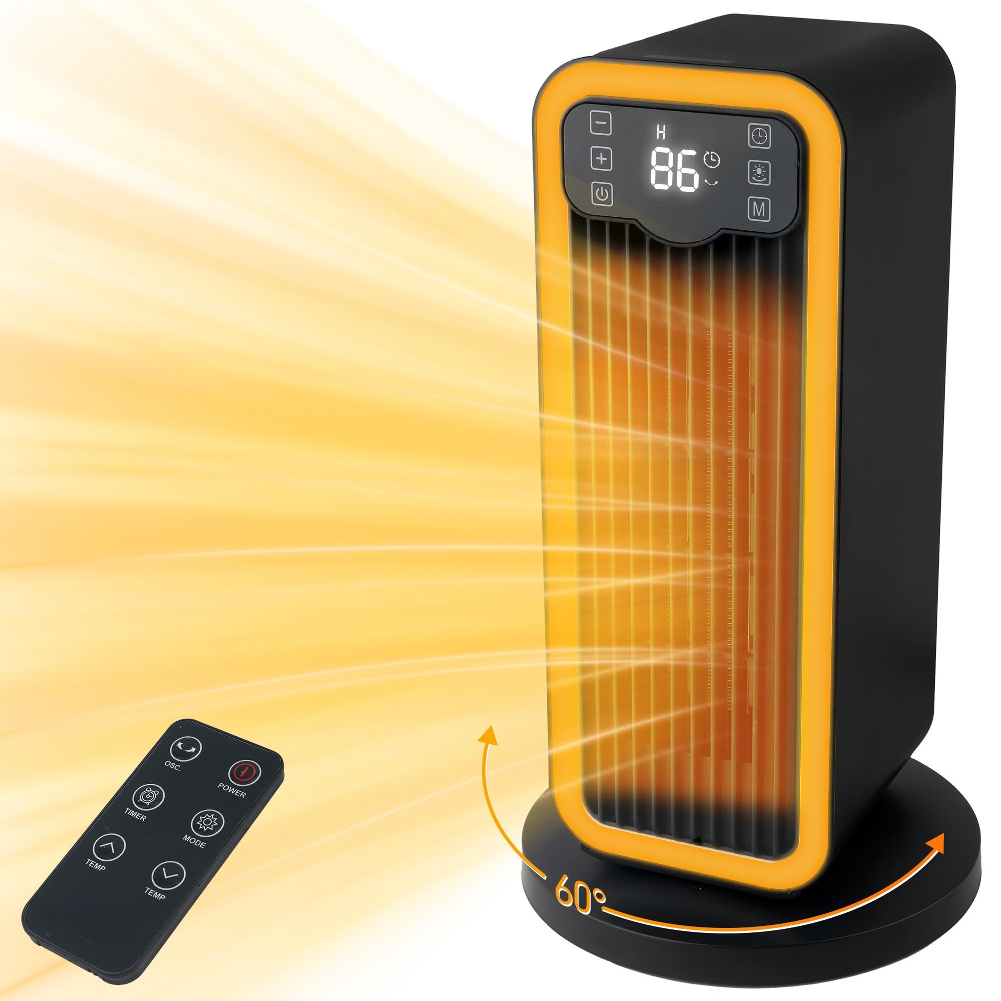 Portable Space Heater with Thermostat & Remote - 1500W Ceramic Electric Heater, 60° Oscillation, ECO Mode, 12H Timer - Quiet Indoor Heater for Bedroom, Office & Under Desk Use - Perfect for Winter Home & Workspace Heating (Black)