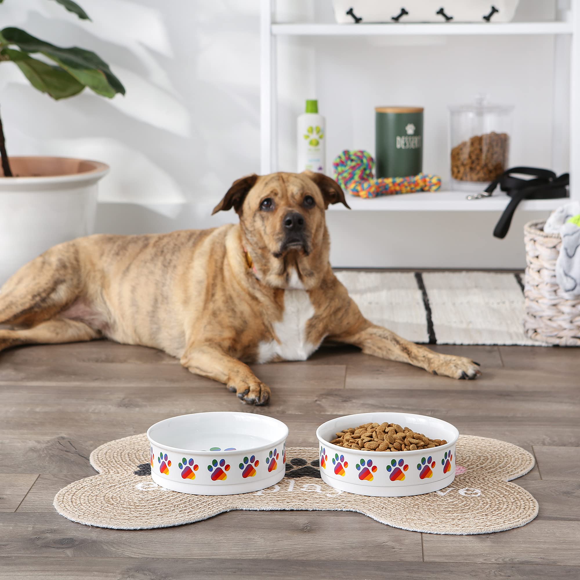Non-Slip Ceramic Pet Bowls for Food & Water - 2 Pack Large (7.5x2.4 Inch) Bone Dry Design, Microwave & Dishwasher Safe - Rainbow Paw Print for Dogs & Cats - Perfect for Mess-Free Feeding at Home or Travel