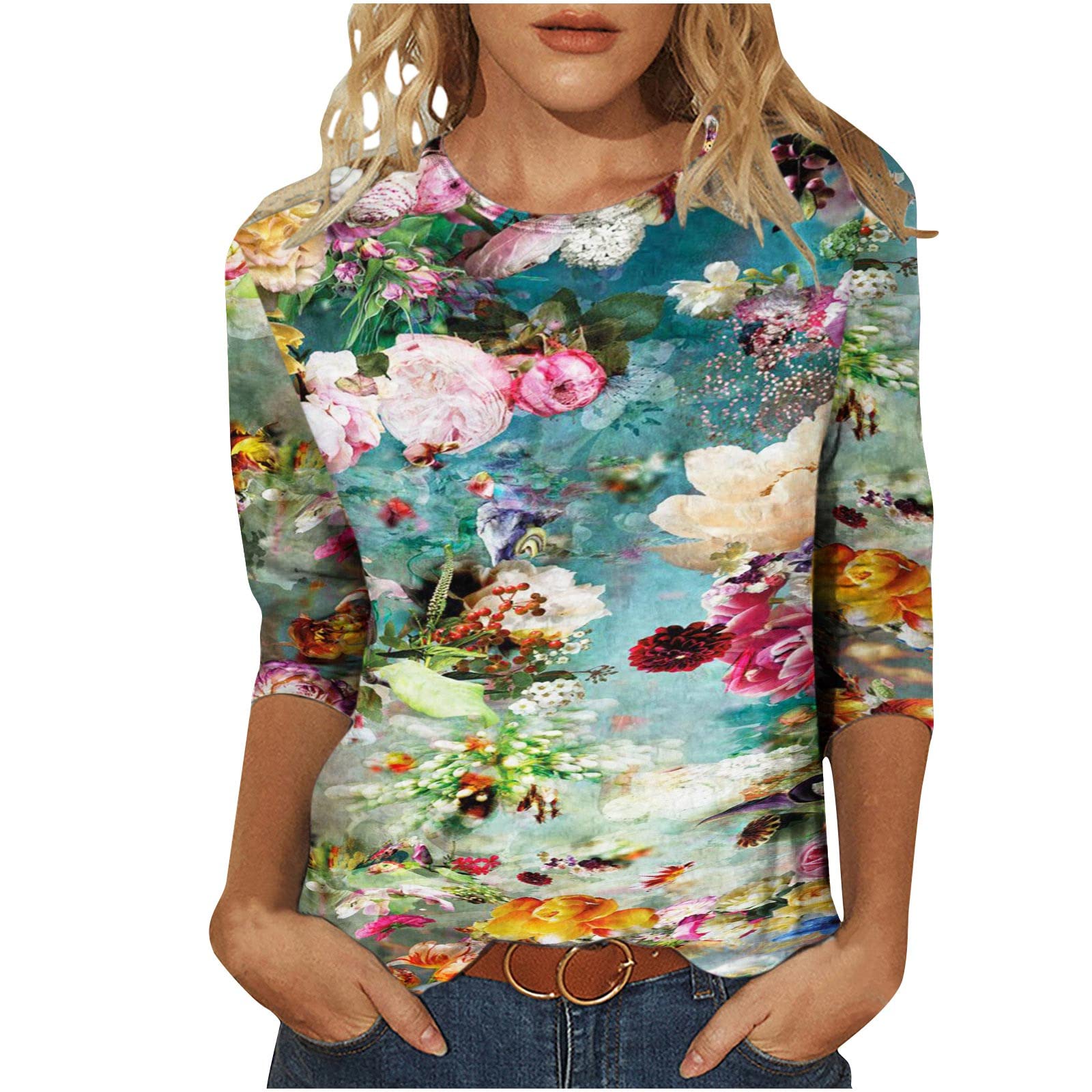 Women's 3/4 Sleeve Feather Floral Graphic T-Shirt - Trendy Casual Round Neck Blouse, Soft Loose Fit Tee for Everyday Wear, Outings & Layering