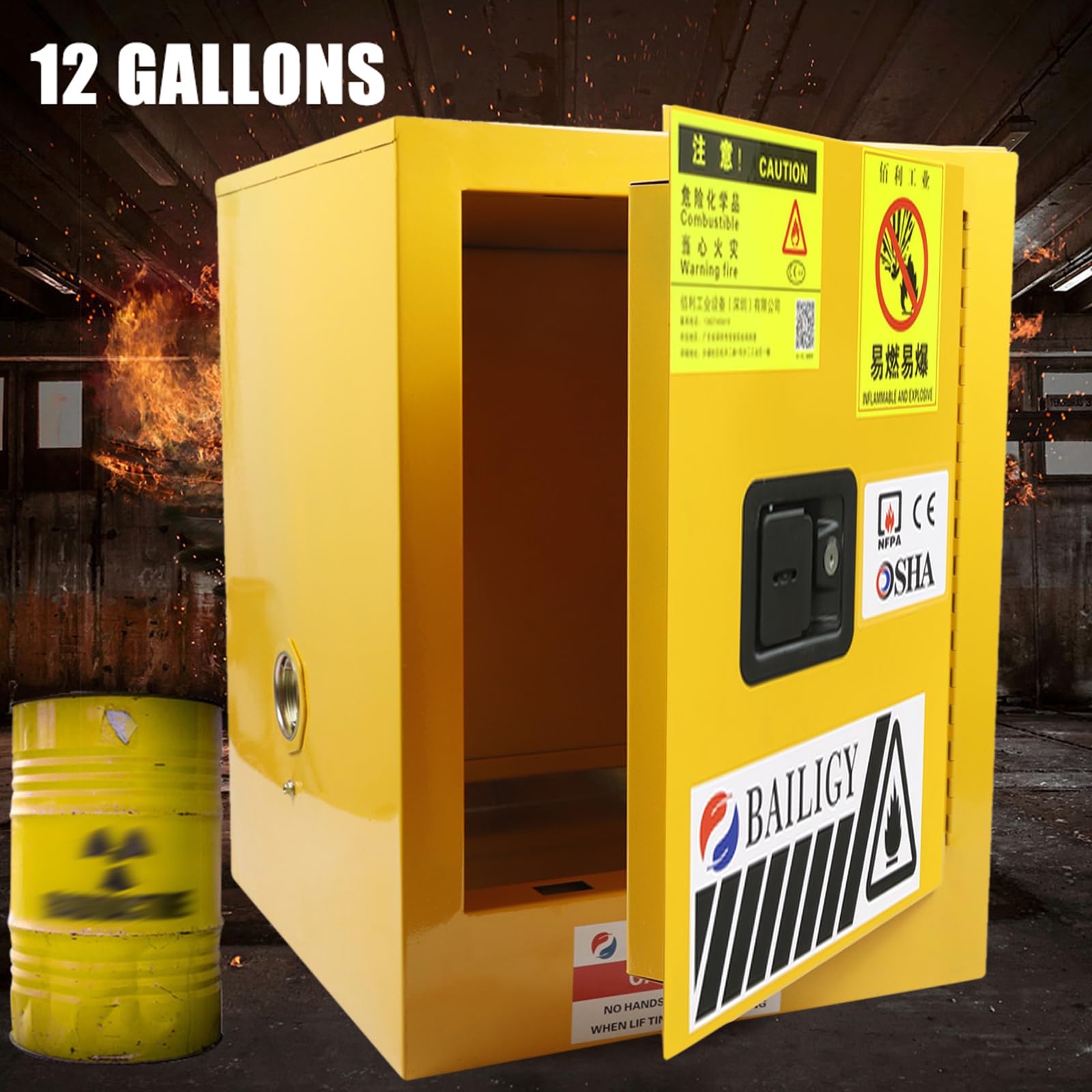 12 Gallon Flammable Chemicals Safety Storage Cabinet - Leak-Proof Fireproof Hazardous Material Bin with Manual Close Single Door | Garage, Workshop & Laboratory Use