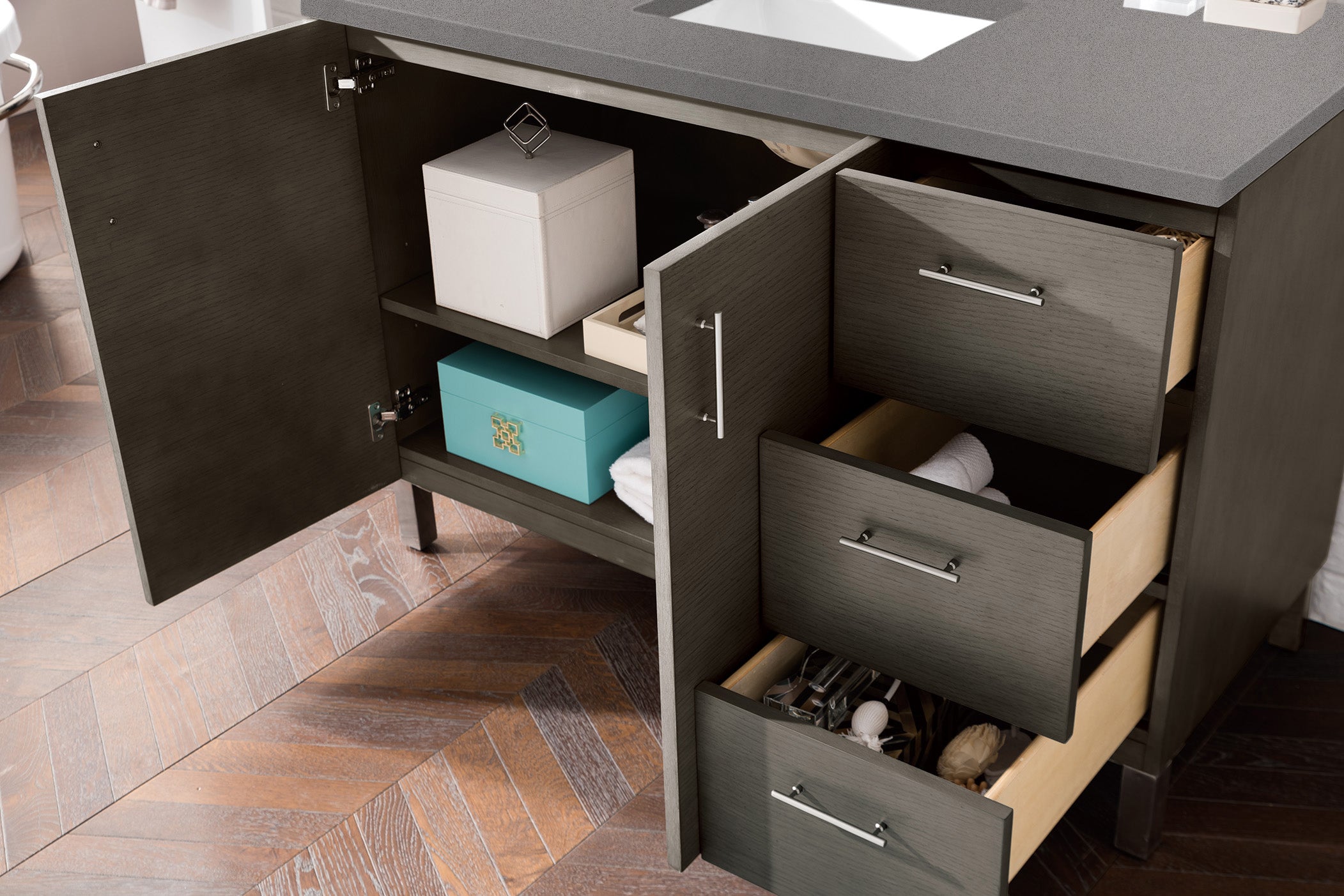Metropolitan 48 Inch Single Bathroom Vanity with Grey Quartz Top - Silver Oak Finish - Modern Bathroom Storage Solution for Small Spaces & Powder Rooms