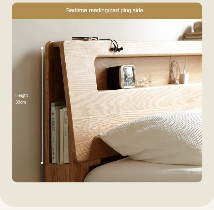 Solid Oak and Beech Wood Bed with Built-in LED Lights and Bookshelf - Modern Bedroom Furniture for Small Spaces, Lofts, and Studio Apartments
