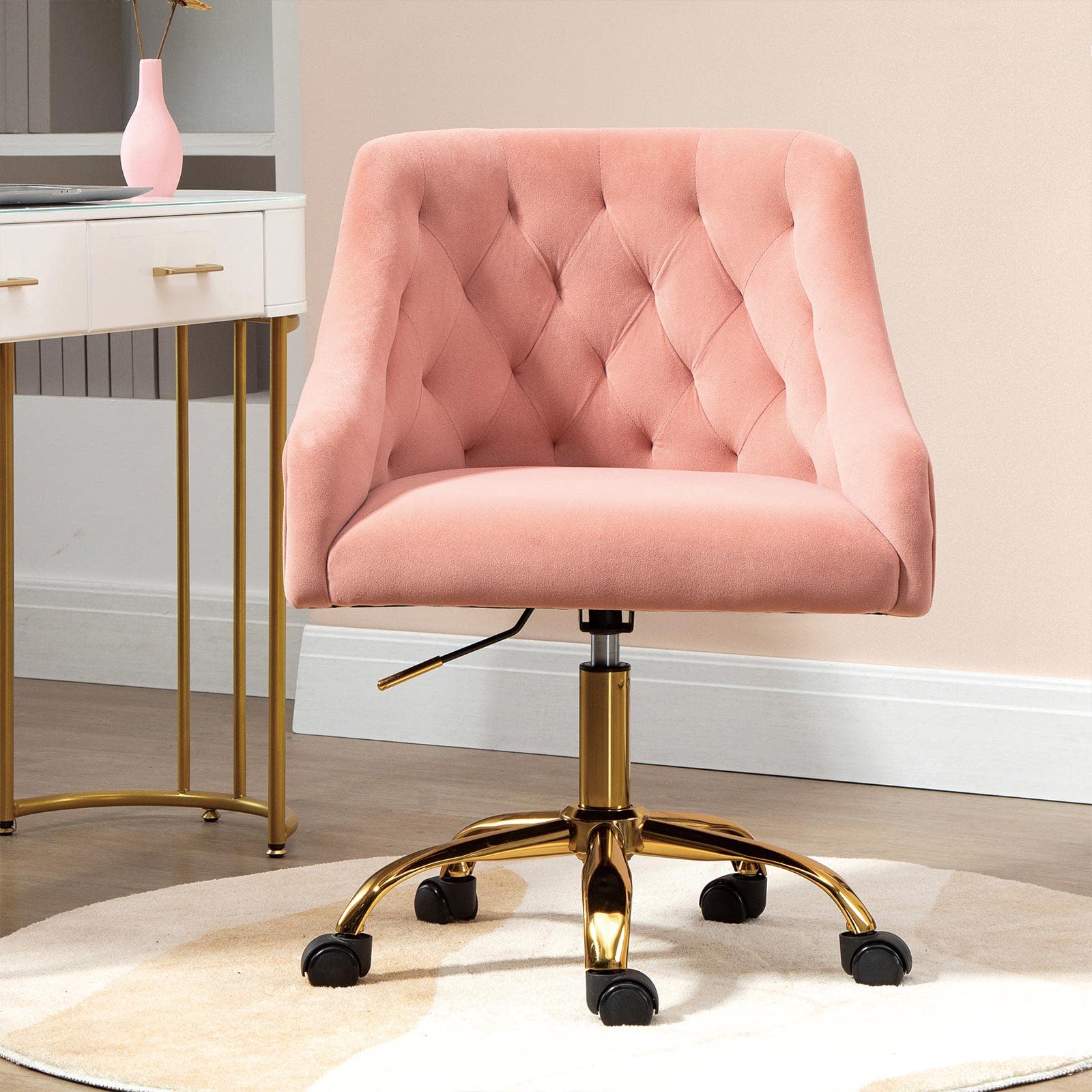 Modern Velvet Swivel Desk Chair with Adjustable Height & Wheels - Pink Upholstered Office Chair for Home, Bedroom, Study | Comfortable Rolling Vanity Armchair for Work, Gaming & Makeup Station