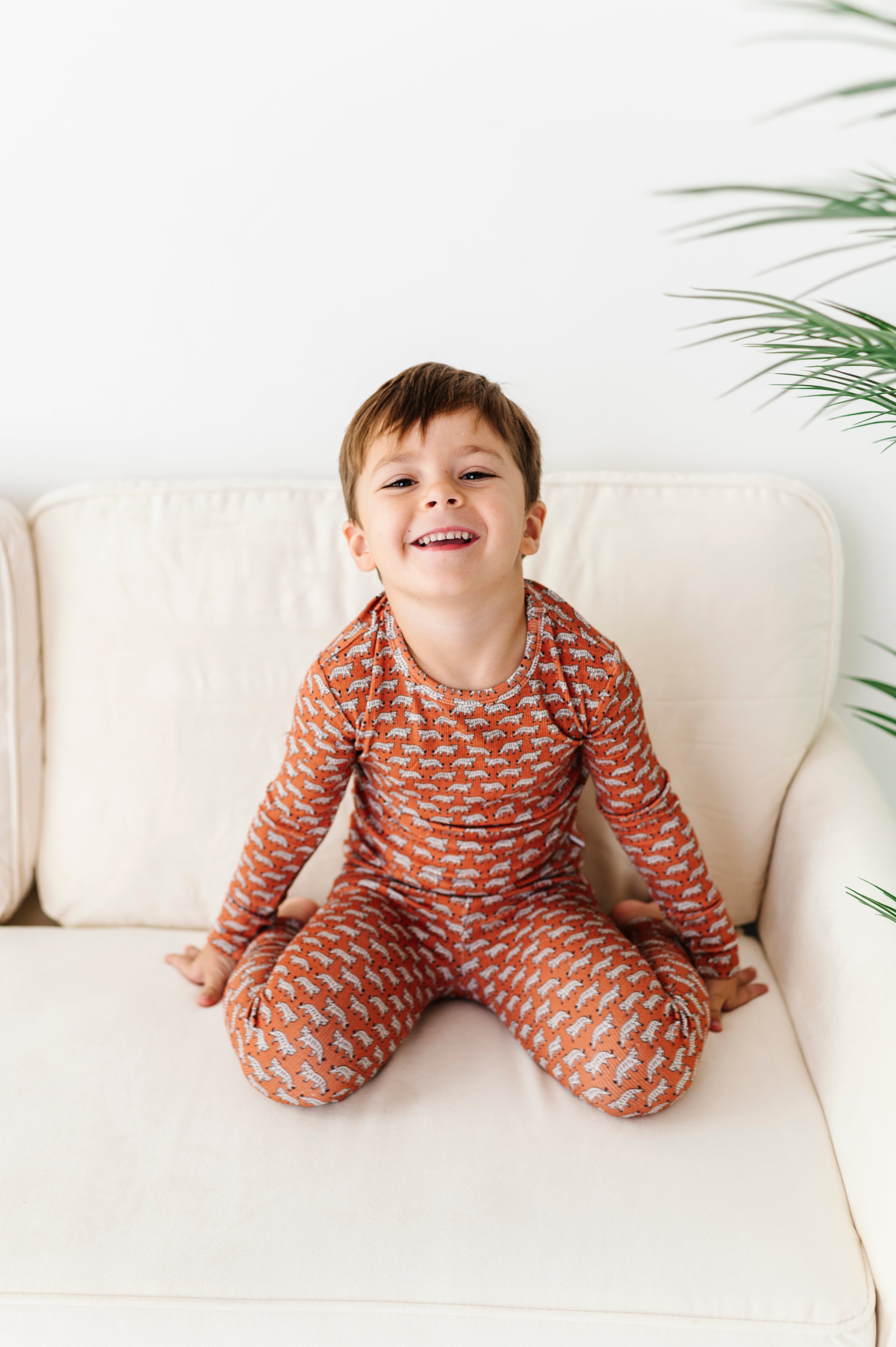 Terracotta Tigers Ribbed Two-Piece Pajama Set for Women - Soft Cotton Sleepwear for Cozy Nights & Relaxing at Home