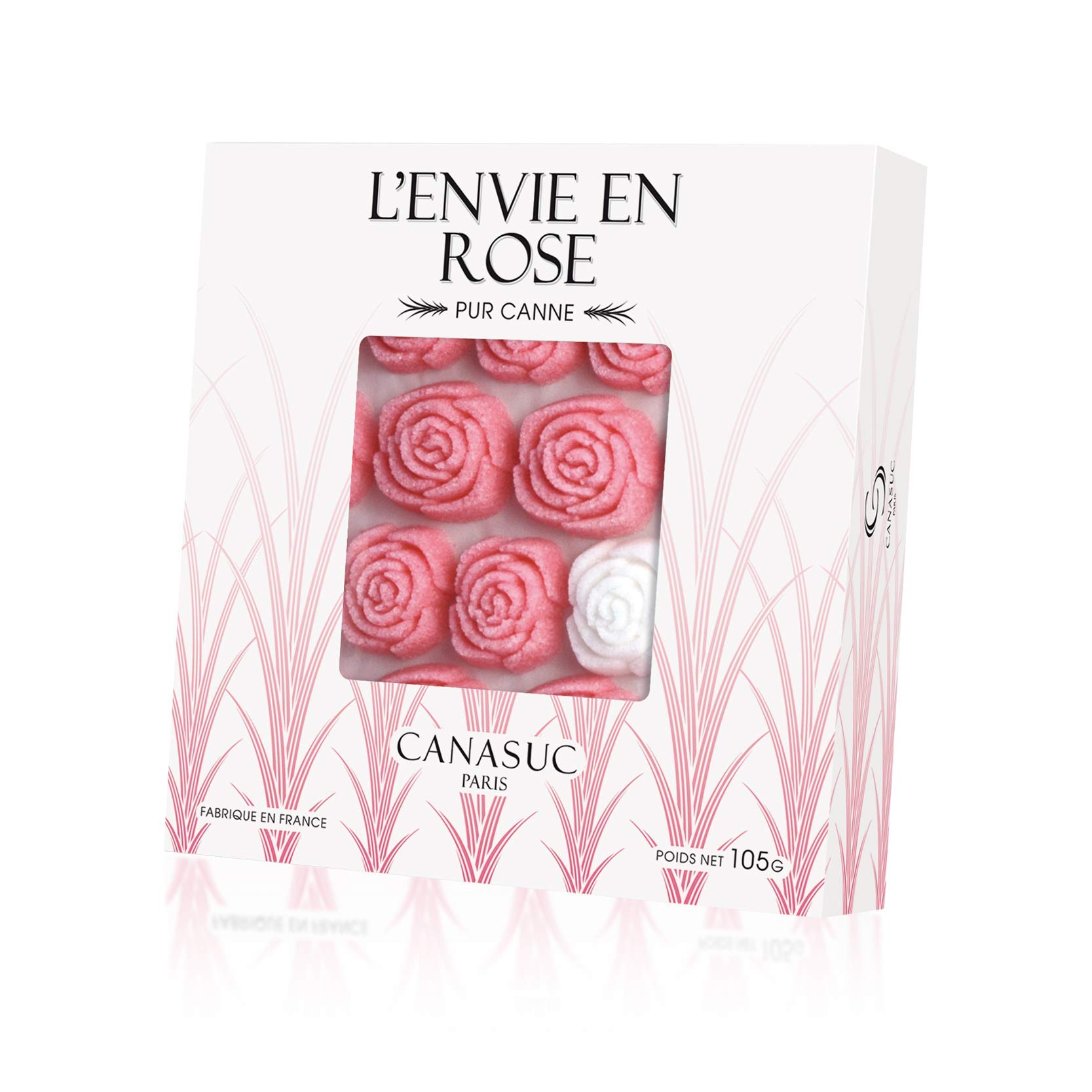 Canasuc Paris L'Envie en Rose Pure Cane Sugar - 36 Assorted French Molded Rose Sugar Pieces in Gift Box (3.35 Oz, White & Pink) - Perfect for Wedding Favors, Tea Parties & Romantic Gifts
