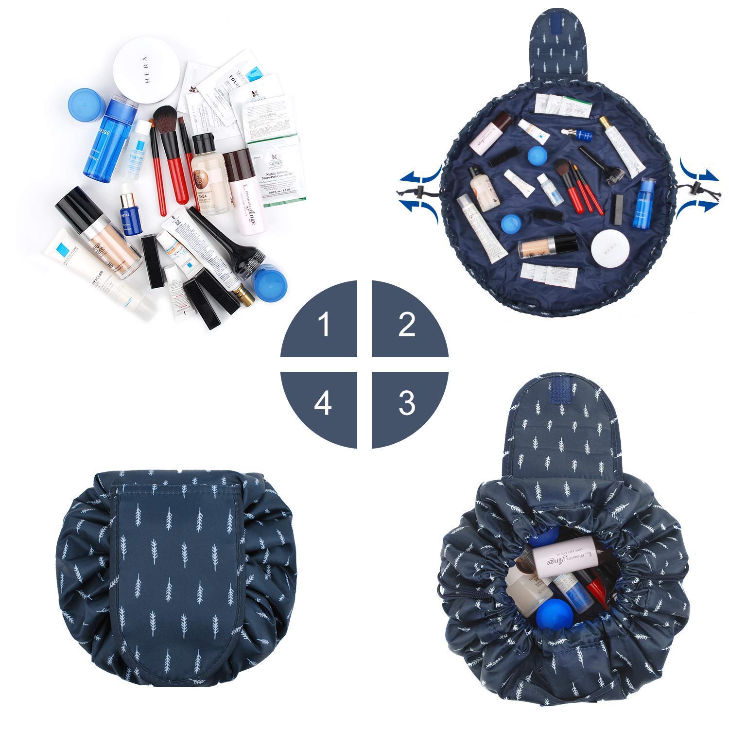 Waterproof Round Travel Makeup Bag - Large Capacity Portable Cosmetic Organizer with Drawstring & Fashion Print - Perfect for Toiletries, Travel, Gym & Daily Storage