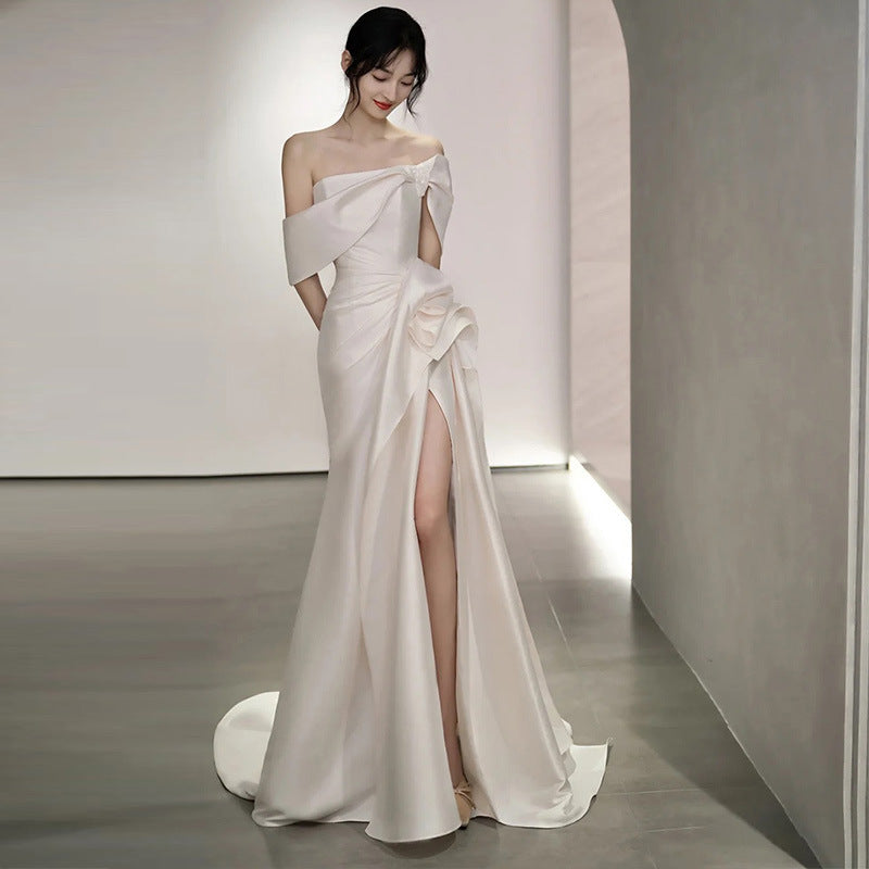 Elegant Off Shoulder Satin Mermaid Wedding Dress - White Long Prom Gown with High Slit | Perfect for Bridal, Formal Events & Evening Parties