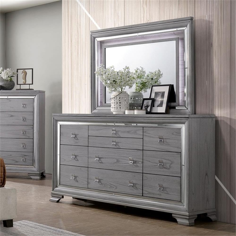 Furniture of America Hariston 2-Piece Wood Dresser with Mirror Set in Light Gray - Modern Bedroom Furniture for Home Organization & Decor