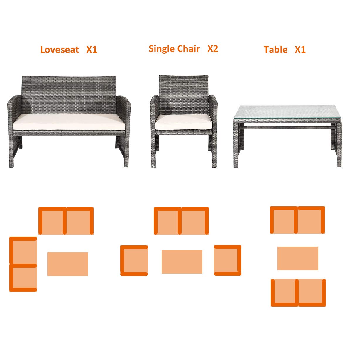 HAPPYGRILL 4-Piece Outdoor Rattan Patio Furniture Set with PE Wicker Coffee Table, Sofa Chairs & Soft Cushions - Perfect for Garden, Poolside, Porch, Backyard Relaxation & Entertaining