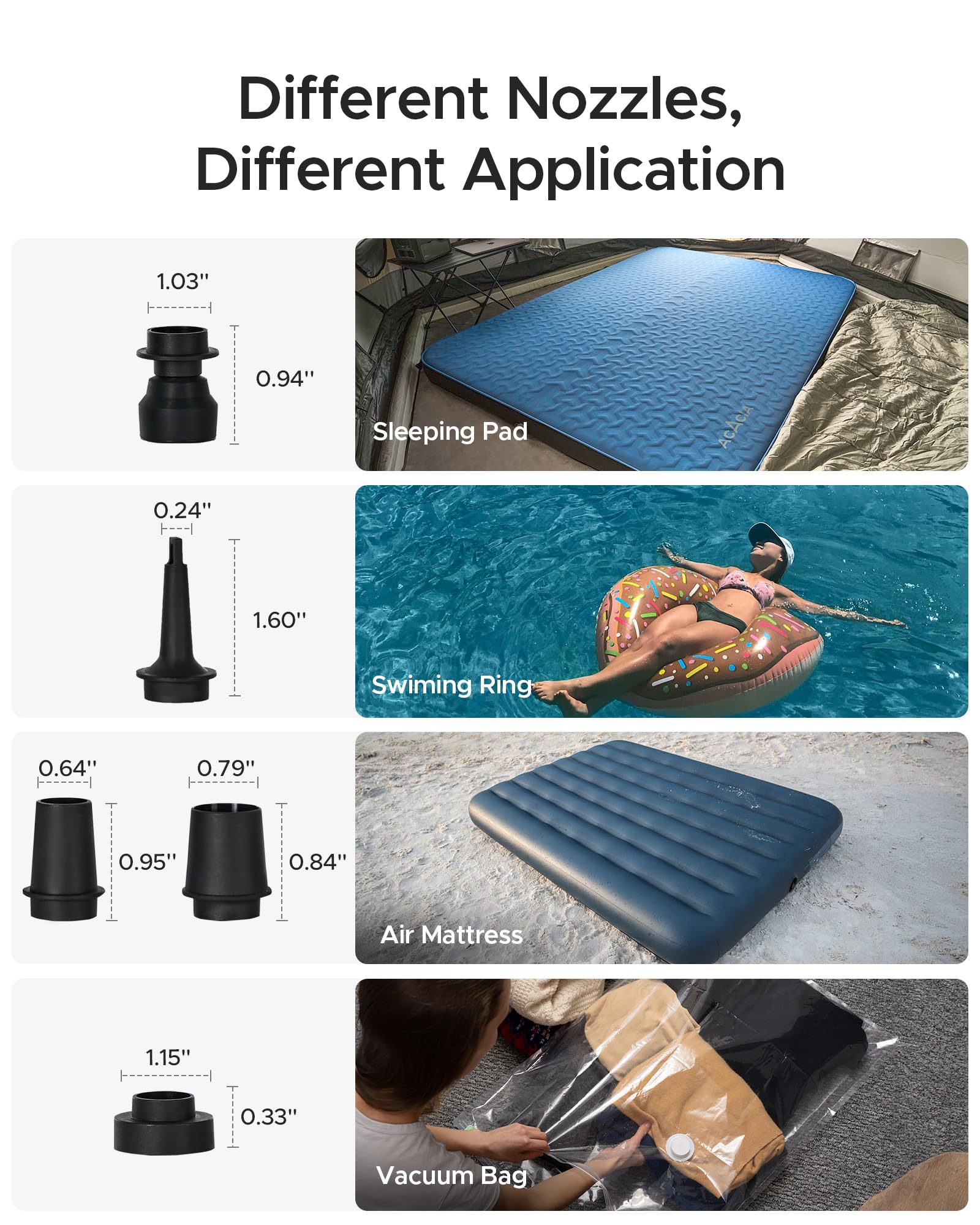 ACACIA Portable Electric Air Pump for Sleeping Pads & Air Mattresses - 4000mAh Rechargeable Battery, Built-in Camping Light with 5 Nozzles (4.8kPa) - Perfect for Camping, Hiking, Pool Floats, Inflatable Beds & Outdoor Adventures