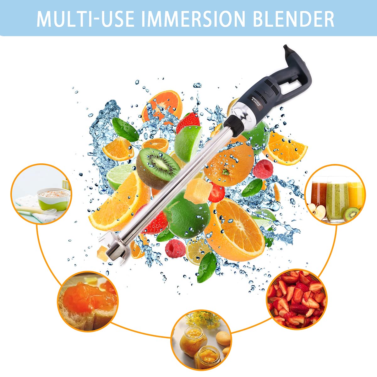 500W Heavy Duty Immersion Blender - Commercial Handheld Mixer with 2500-15000 RPM & Removable Shaft - Perfect for Soups, Smoothies, Sauces & Baking in Professional & Home Kitchens