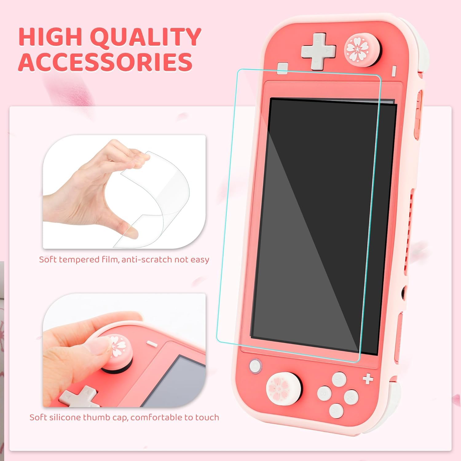 RHOTALL Carrying Case for Nintendo Switch Lite - Protective Hard Shell, Screen Protector, Adjustable Shoulder Strap & 2 Thumb Grips (Rose/White) - Perfect for Travel, Gaming On-The-Go & Storage Protection