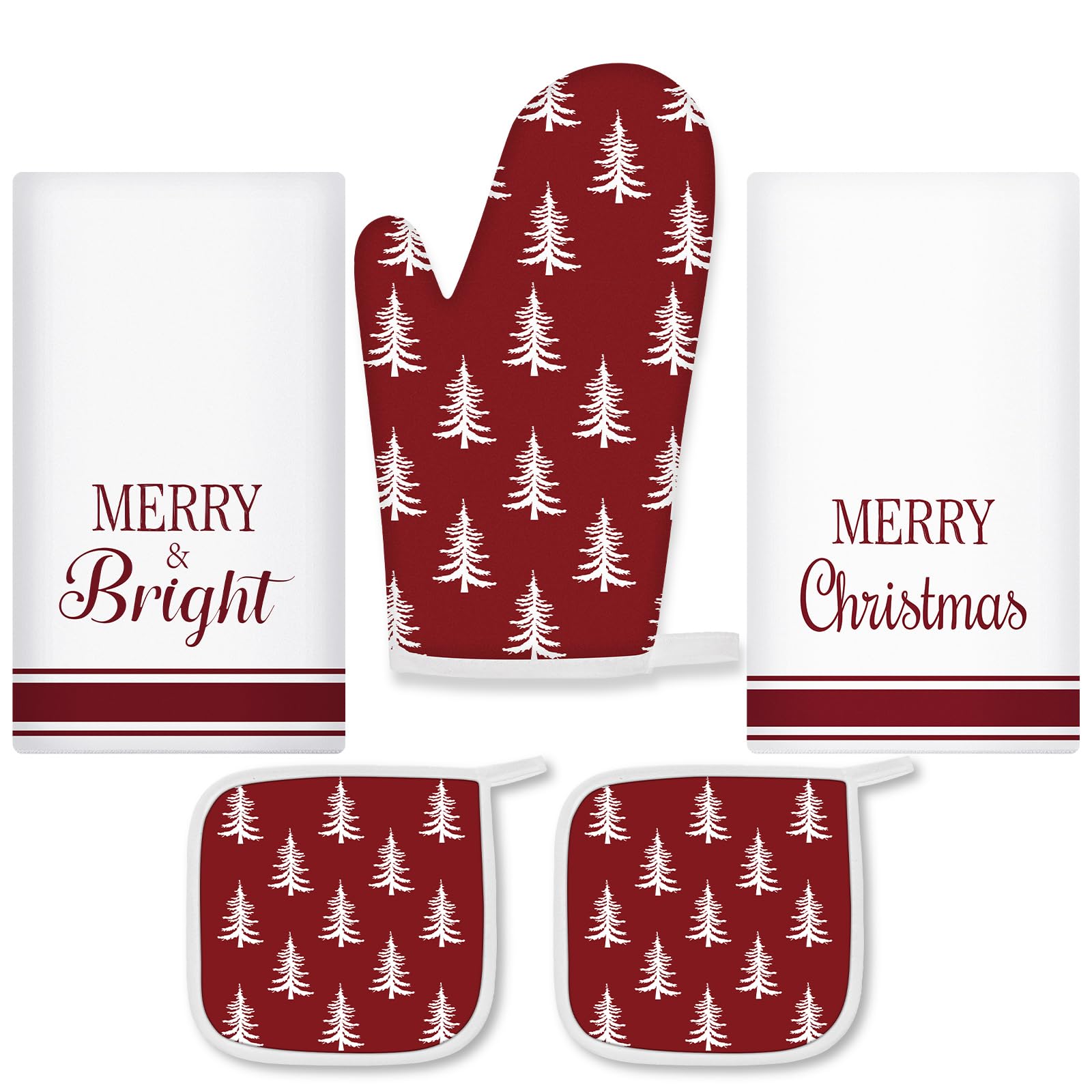 5-Piece Neutral Christmas Kitchen Towels, Oven Mitts & Pot Holder Set - Modern Holiday Decor for Farmhouse Kitchens - Xmas Tree Design - Perfect for Baking, Cooking & Festive Home Decor (Red)
