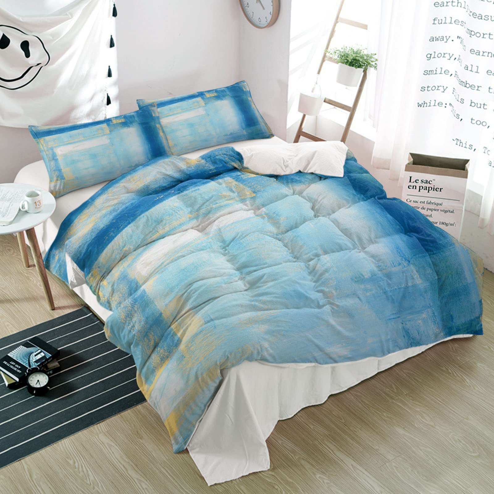 3-Piece Queen Duvet Cover Set - Blue Geometric Oil Painting Design - Minimalist Abstract Art Bedding with Pillow Shams - All Season Comfort - Perfect for Modern Bedrooms, Guest Rooms & Airbnb Stays