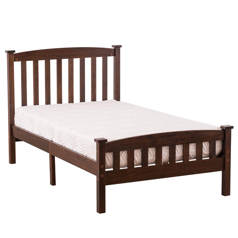 Solid Wood Platform Bed with Paneled Headboard - Twin, Full & Queen Size - Walnut Finish - Modern Minimalist Bedroom Furniture for Small Spaces & Guest Rooms