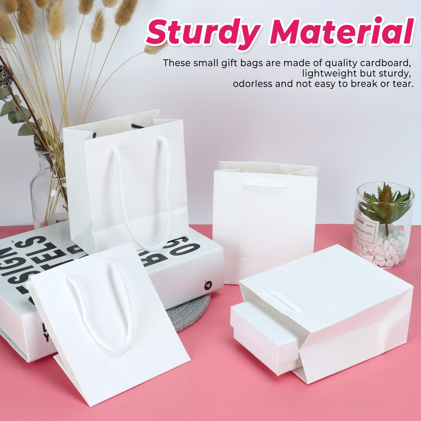 Rcybeo 50 Pack 4x2.4x4.6 Inches Mini Gift Bags with Handles - Small Party Favor Bags for Birthday, Wedding, Baby Shower, Graduation, Holidays - Premium White Gift Wrap Paper Bags for Celebrations & Special Occasions