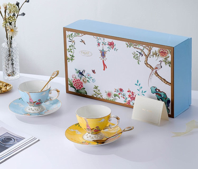 Elegant Oriental Pheasant Ceramic Tea Cup Set - Beautiful Bird Pattern Bone China Porcelain Cups with Saucers in Gift Box - Perfect for Afternoon Tea, Home Decor & Unique Gifts