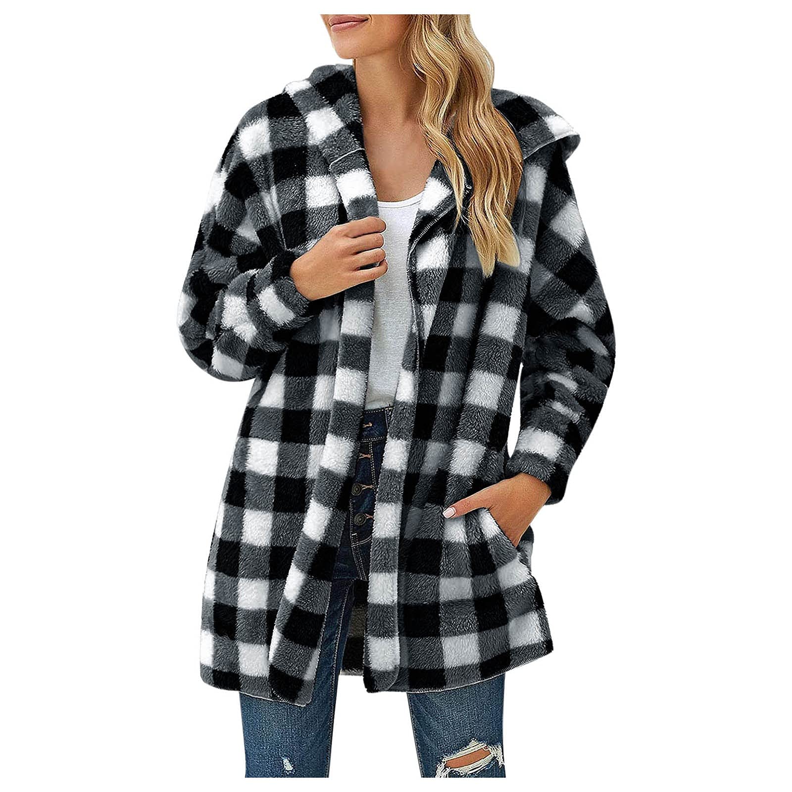 Women's Long Sleeve Fleece Hooded Cardigan Jacket - Soft Plaid Print Open Front Coat with Pockets | Cozy Loungewear & Casual Outerwear for Fall and Winter