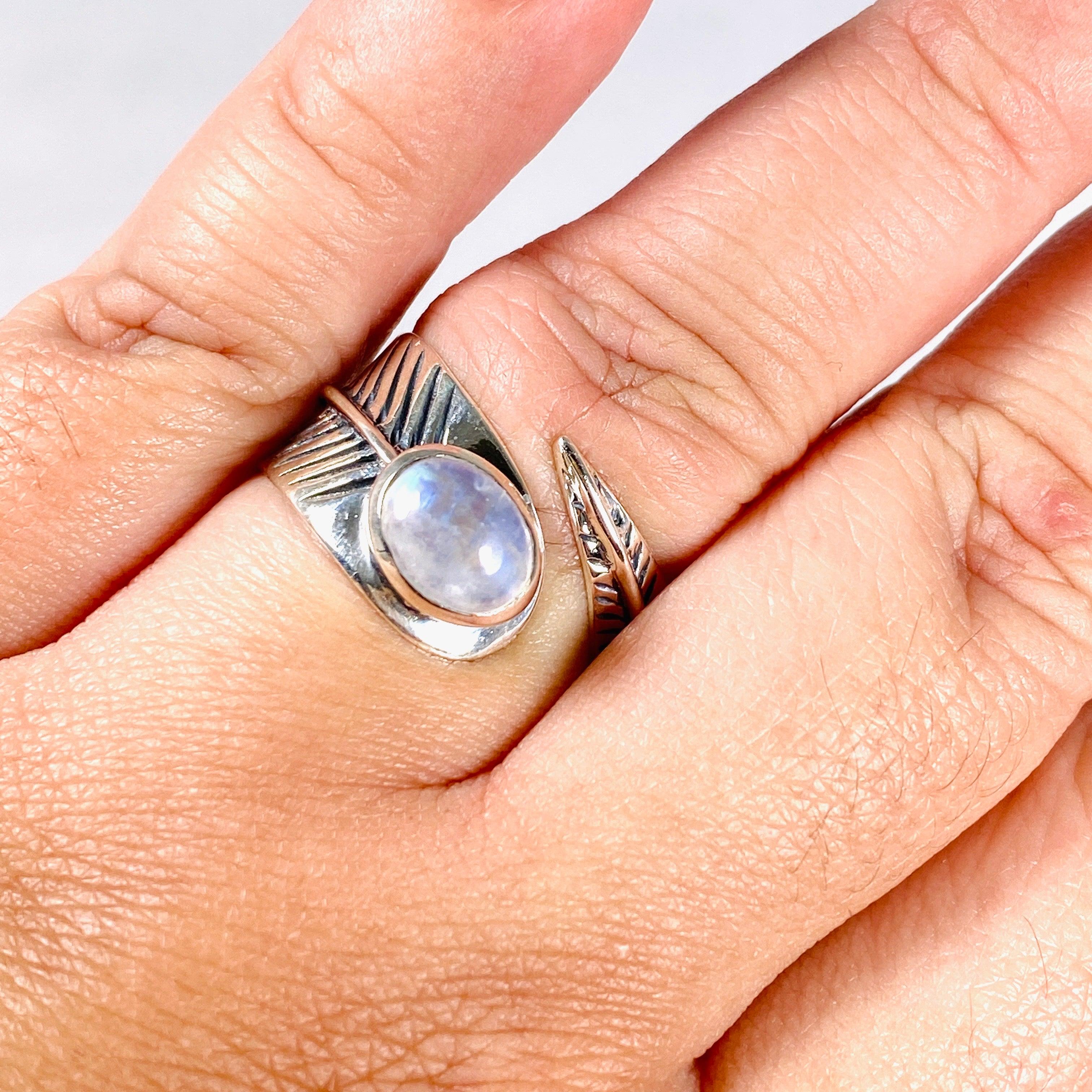 Moonstone Oval Leaf Ring - Sterling Silver 925, Size 10, KRGJ3031 - Perfect for Boho Jewelry, Nature-Inspired Fashion & Gift Giving