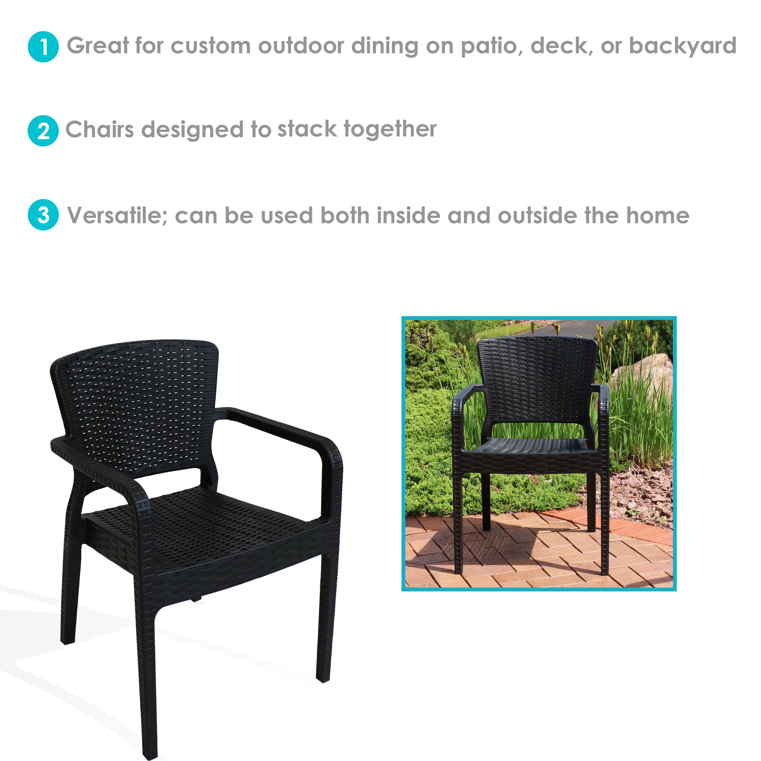 Sunnydaze Segonia All-Weather Plastic Stackable Dining Armchair - Black | Outdoor & Indoor Patio Furniture for Garden, Poolside, Restaurant, and Backyard Use