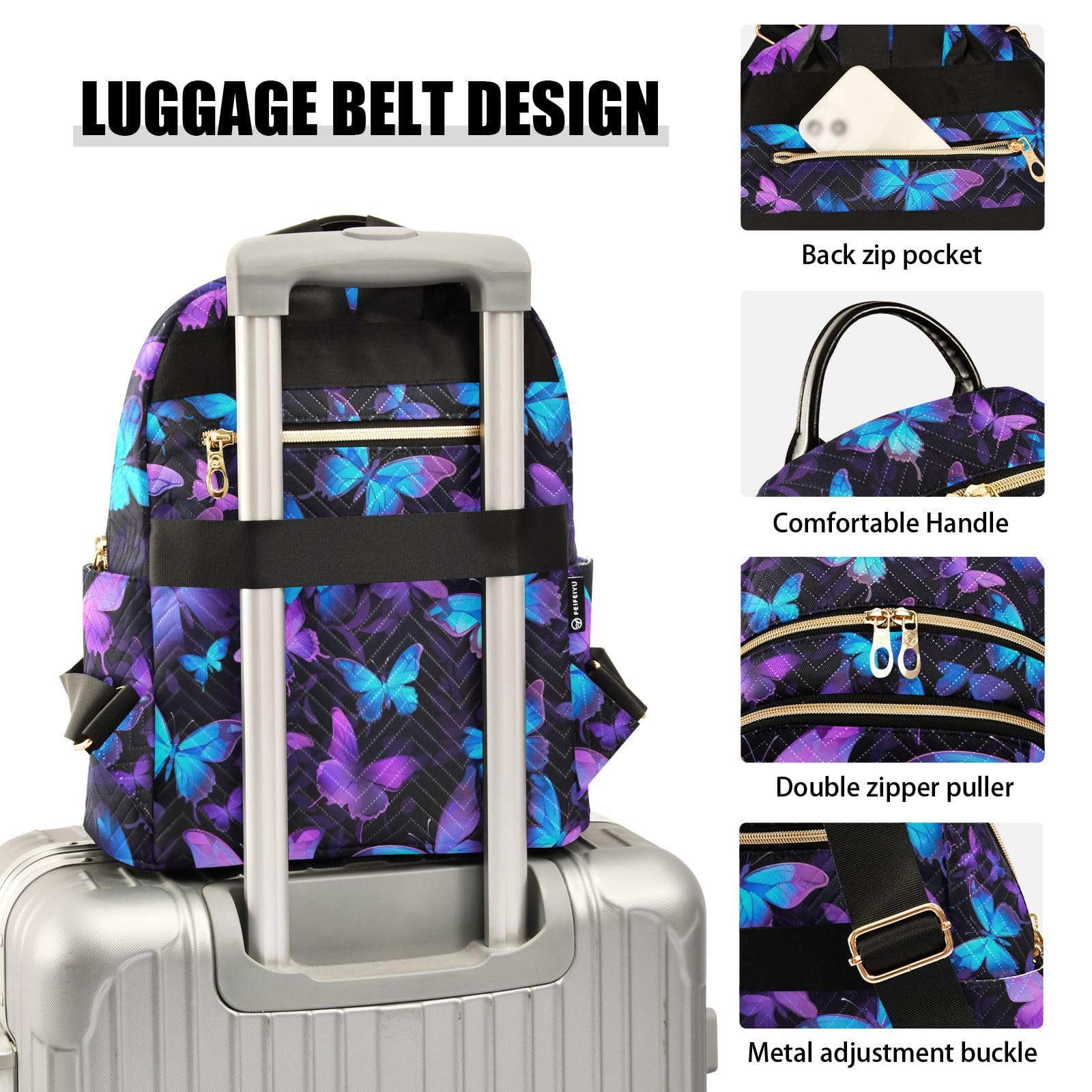 Butterfly Print Blue & Purple Women's Anti-Theft Backpack Purse - Fashionable Small Mini Daypack Shoulder Bag for Daily Use, Travel & Weekend Outings (Medium Size)