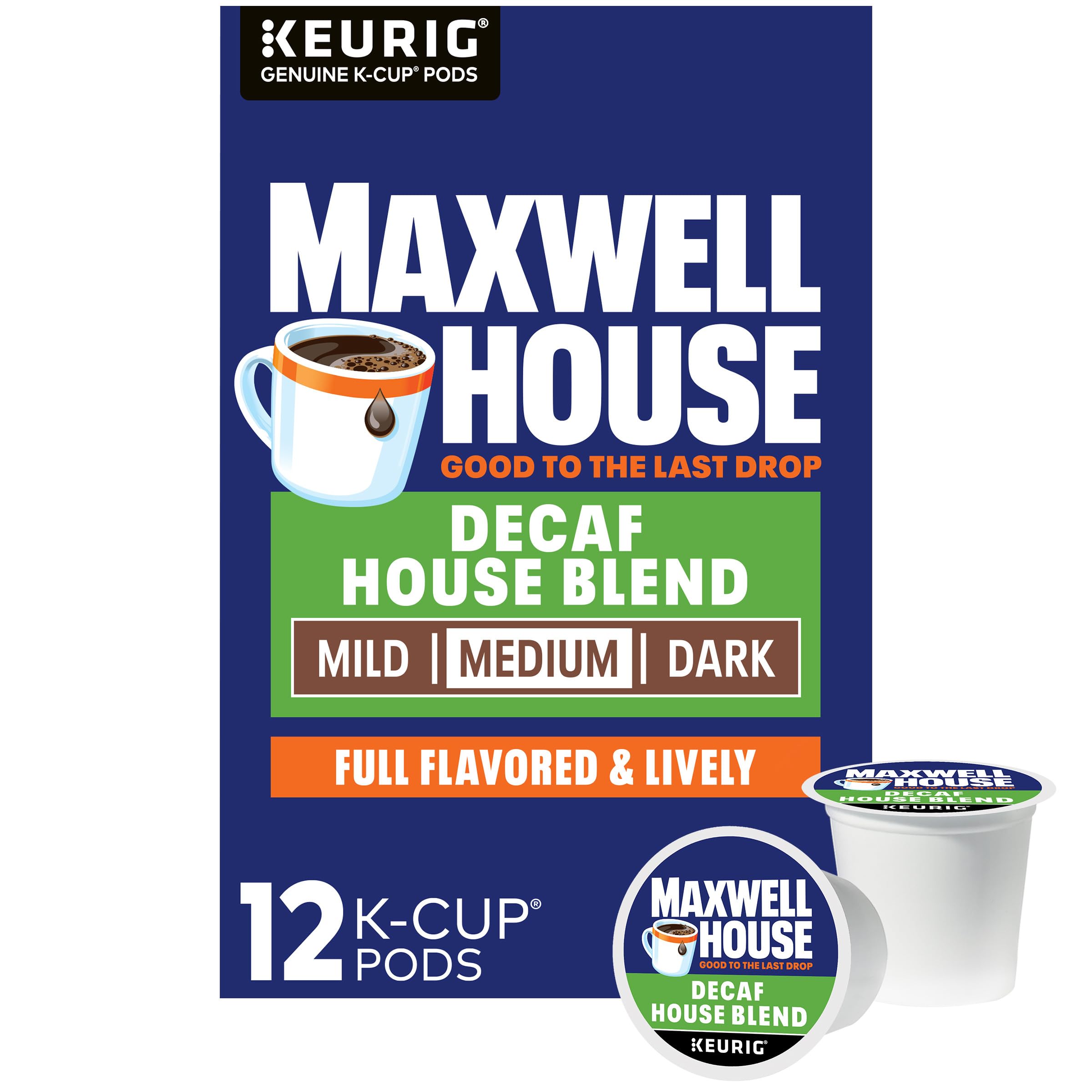 Maxwell House Decaf House Blend K-Cup Coffee Pods - 12 Count Box | Medium Roast Ground Coffee for Keurig Brewers | Perfect for Morning Brew & Office Use