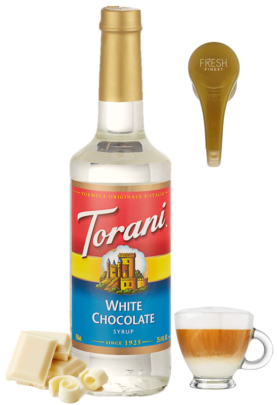 Torani White Chocolate Syrup for Coffee - 25.4oz Premium Coffee Syrup with Pump Dispenser - Perfect for Lattes, Iced Coffee & Dessert Toppings