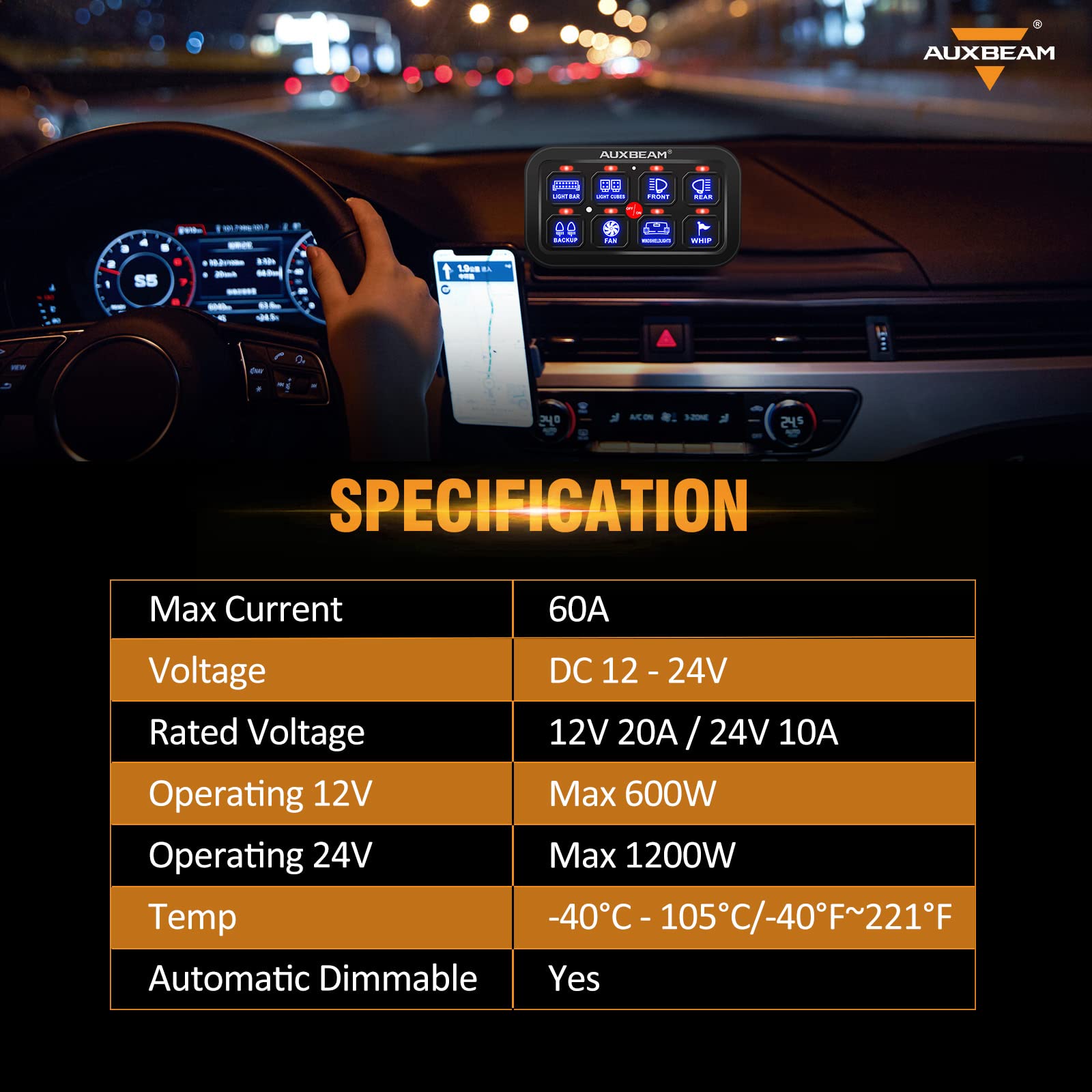 **Auxbeam 8 Gang Switch Panel BB80 - Universal Circuit Control Relay System with Auto Dimmable LED Touch Switch for Car, Truck, Boat, ATV & UTV - Blue (2-Year Warranty) - Perfect for Off-Roading, Marine & RV Upgrades**