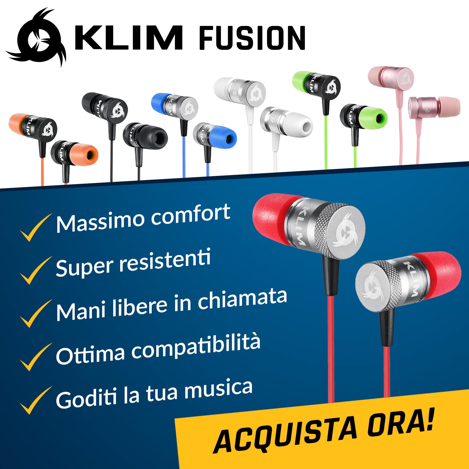 KLIM Fusion Wired Earbuds with Microphone - Memory Foam Earphones for Gaming & Music - 3.5mm Jack Noise Isolation Headphones - 5 Year Warranty (Red) - Perfect for Workouts, Commuting & Online Gaming