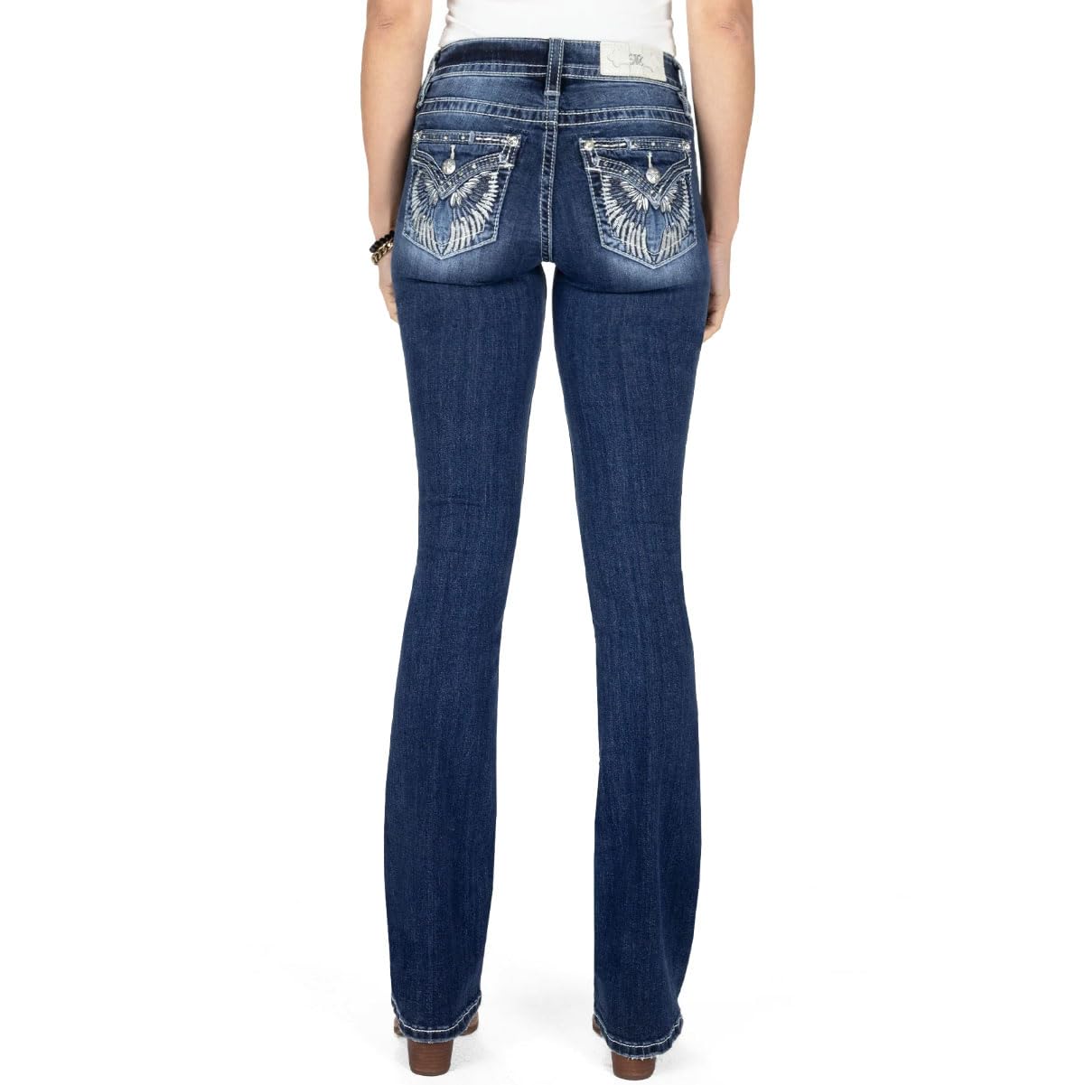 Miss Me Women's Mid-Rise Bootcut Jeans with 3D Embossed Angel Wings & Faux Flap Pockets - Stylish Denim Pants for Casual Wear, Night Out and Everyday Fashion