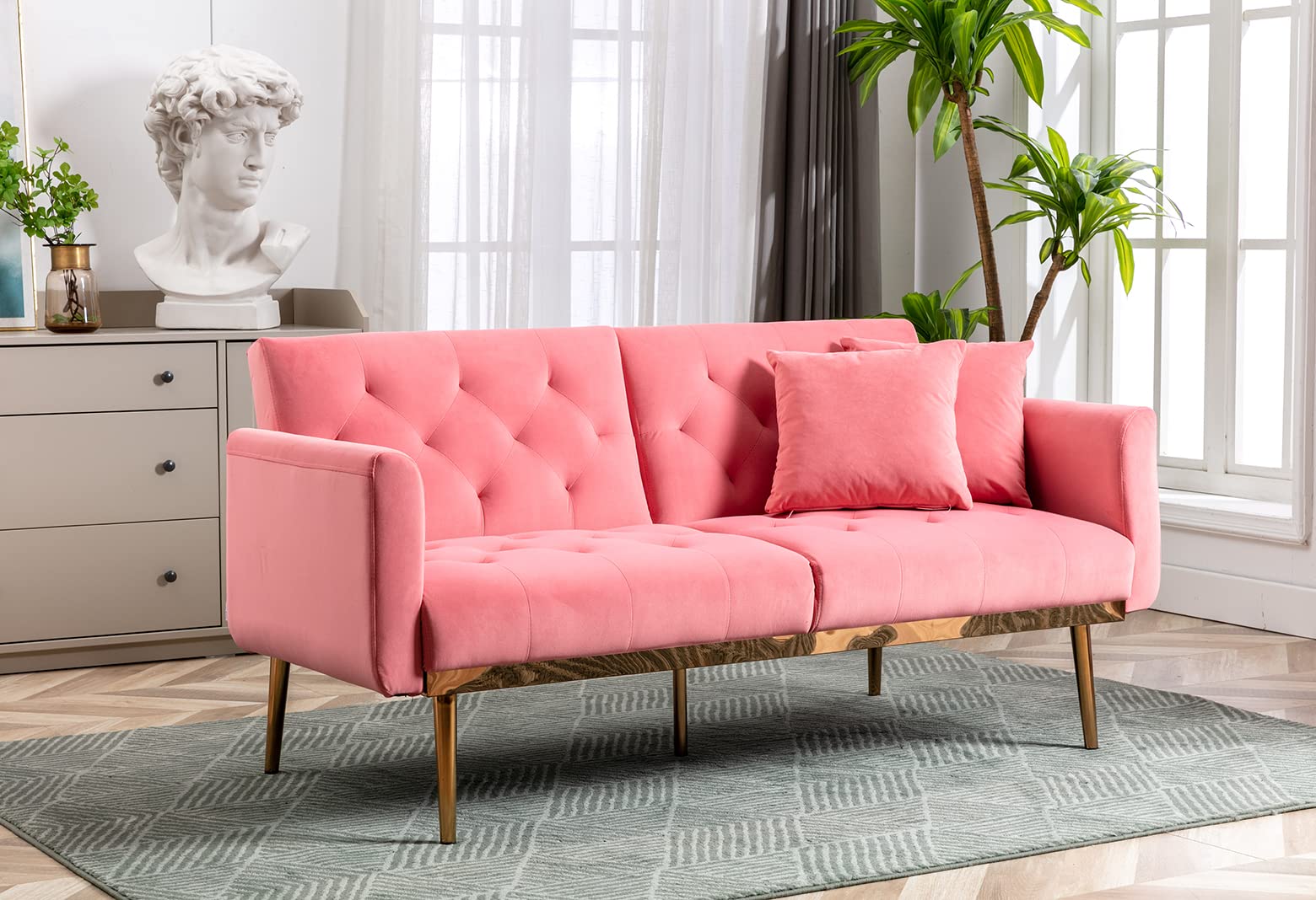 Antetek Velvet Futon Sofa Bed - 3 Adjustable Positions, Small Sleeper Loveseat with 2 Decorative Pillows, Modern Convertible Couch with Metal Tapered Legs (Peach) | Perfect for Small Apartments, Guest Rooms & Home Offices