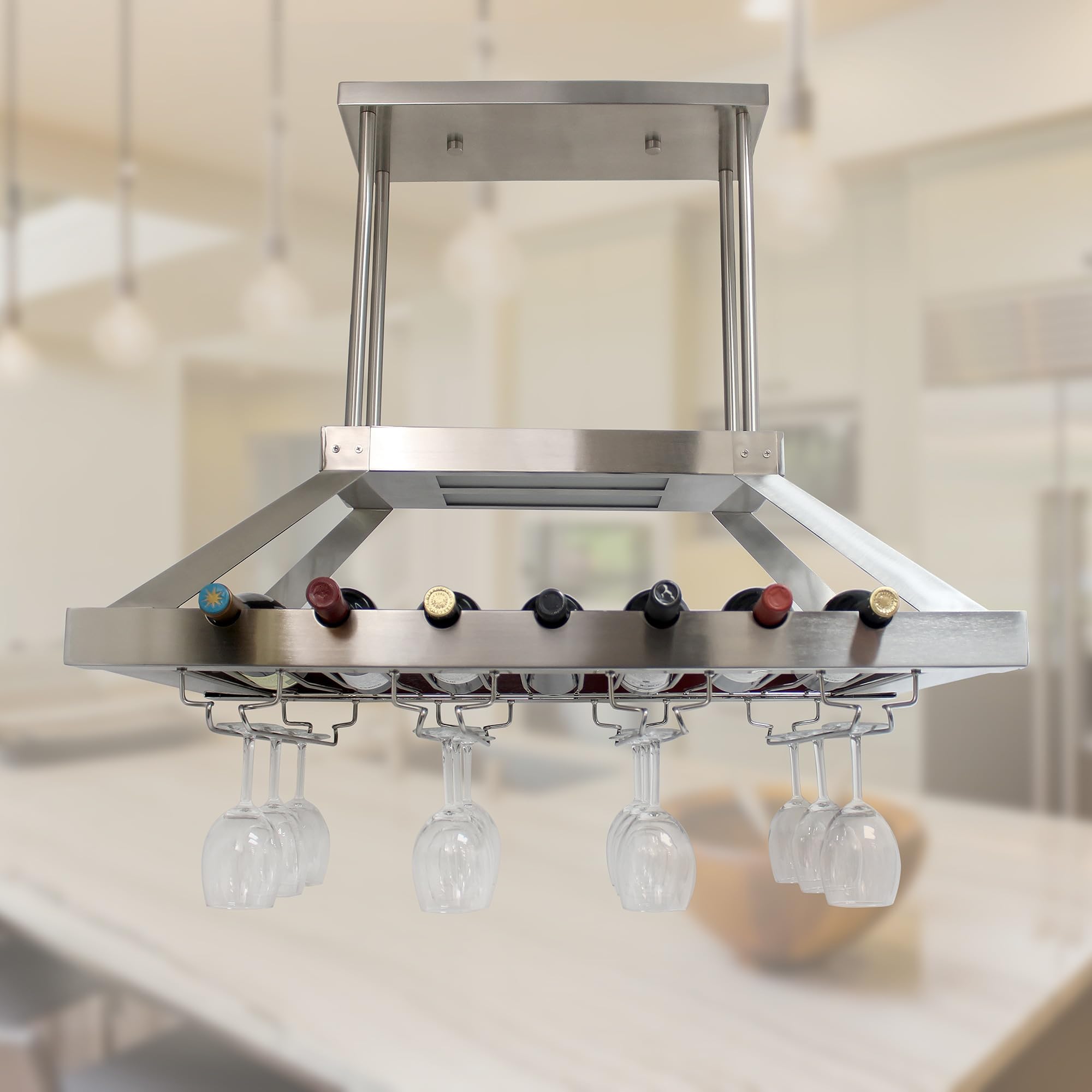 Elegant WR1000-BSN Brushed Nickel LED Pendant Light with Wine Rack - Modern Kitchen Island Hanging Chandelier for Bottle & Glass Storage Display - Perfect for Dining Room, Bar, and Restaurant Decor