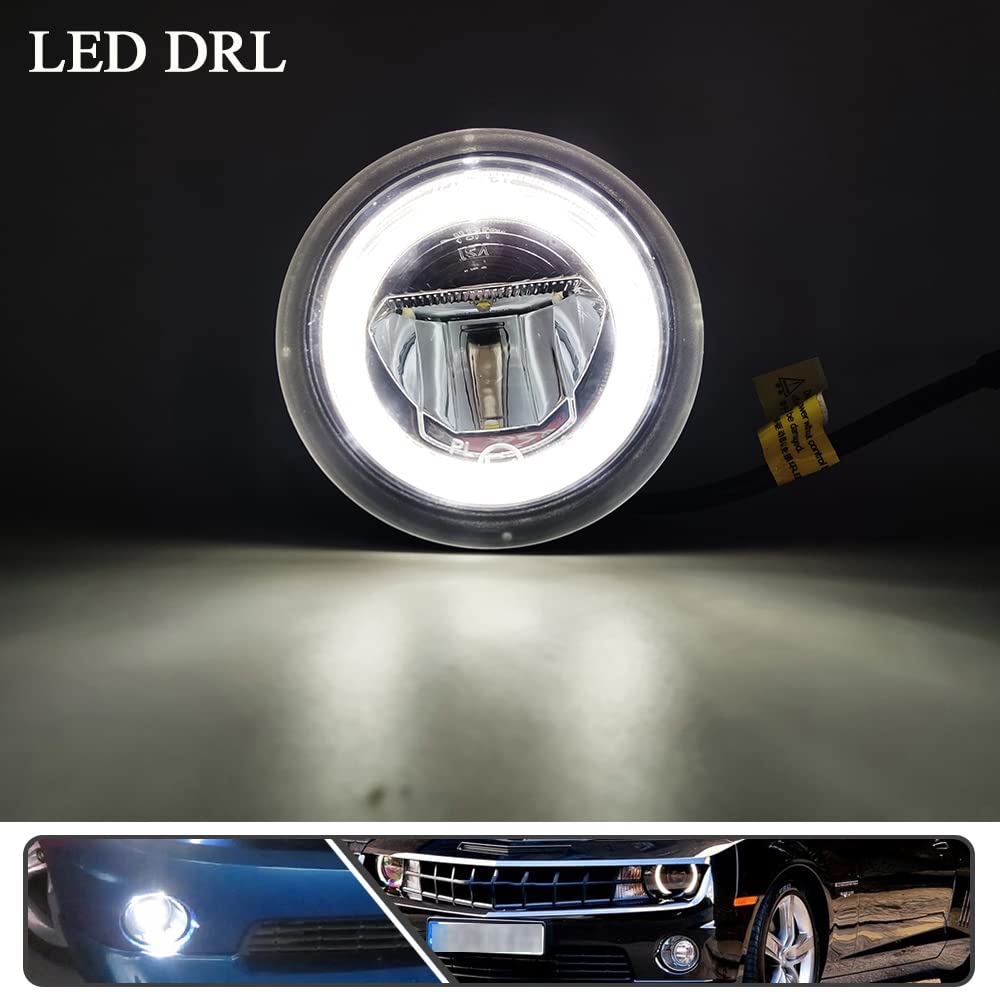 2Pcs White Halo LED Fog Lights with Clear Lens - Daytime Running Lights (DRL) & Driving Lights for Chevy Camaro 2010-2013 Models - Perfect for Night Driving & Enhanced Visibility in Foggy Conditions