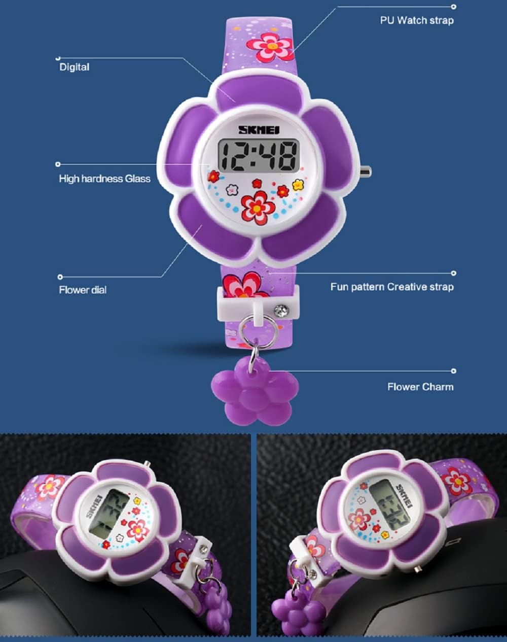 2 PCS Kids Digital Watch - Cute Flower Shape Cartoon Silicone Watch for Girls, Best Gift for Birthday & Christmas (Pink & Purple) | School, Playtime & Party Accessories