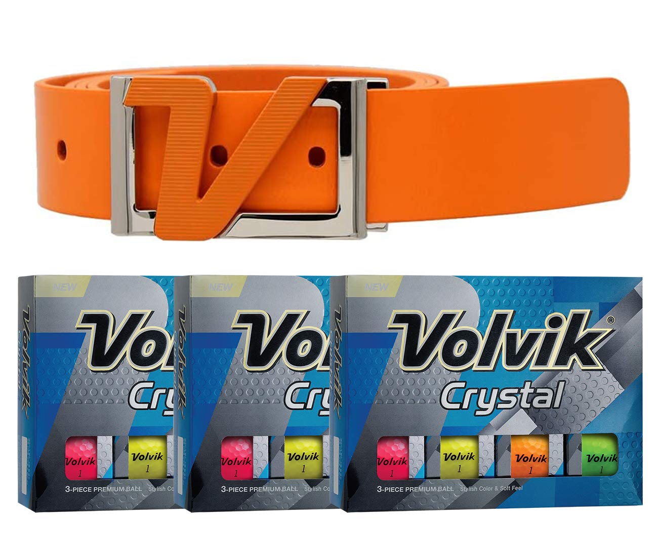 Volvik Crystal 3-Piece Premium Color Golf Balls - 36 Pack (3 Dozen) with Genuine Italian Leather White Belt - High Visibility Golf Balls for Tournament Play & Driving Range Practice