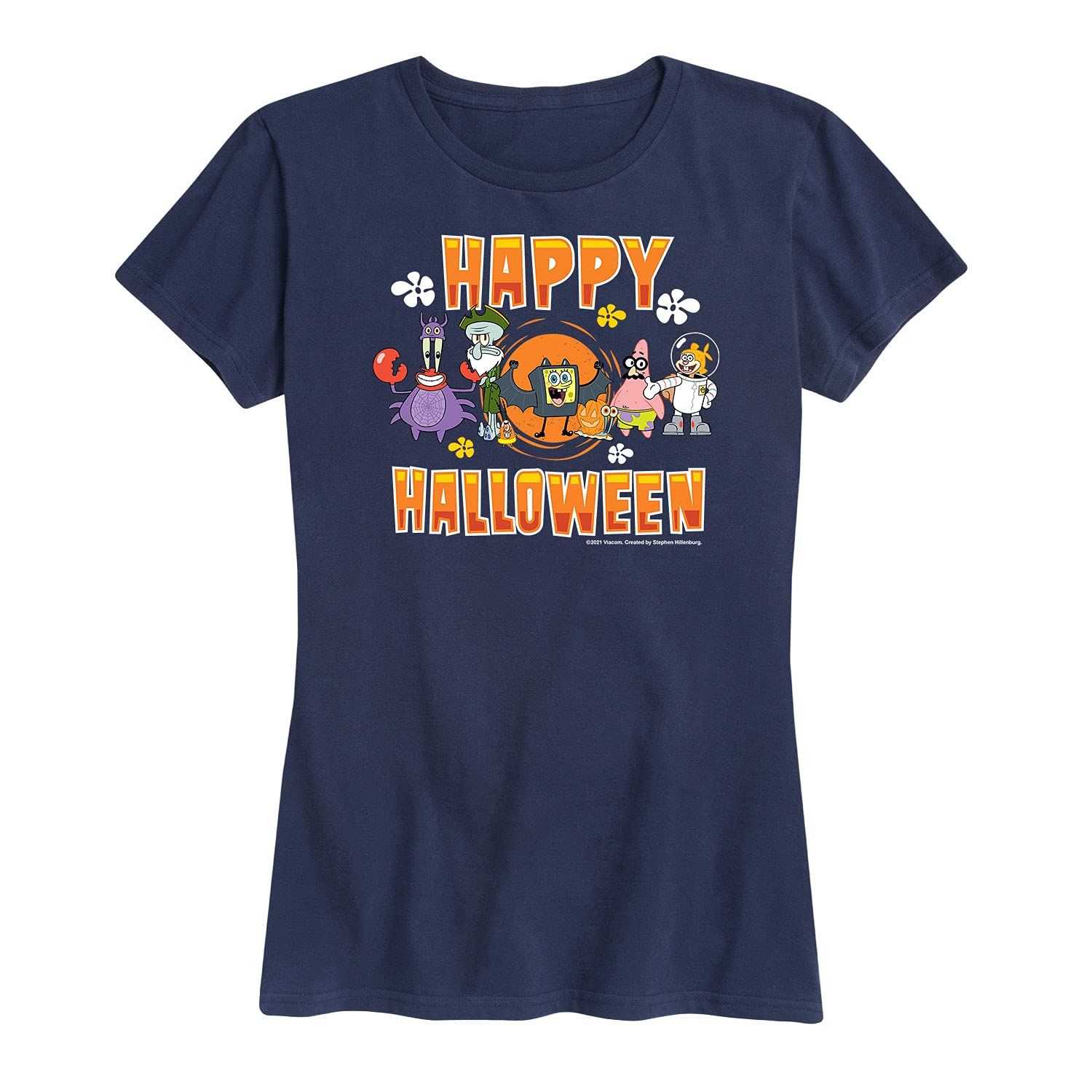 Spongebob Squarepants Happy Halloween Women's Short Sleeve Graphic T-Shirt - Funny Cartoon Halloween Tee for Women - Perfect for Costume Parties, Trick or Treating & Spooky Season Outfits