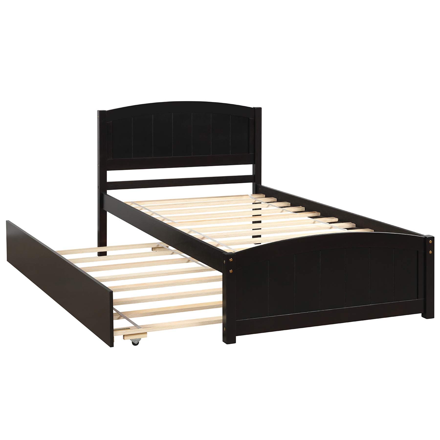 **Merax Twin Size Wooden Platform Bed Frame with Trundle - No Box Spring Needed, Espresso Finish - Perfect for Kids' Rooms, Guest Beds & Small Spaces**