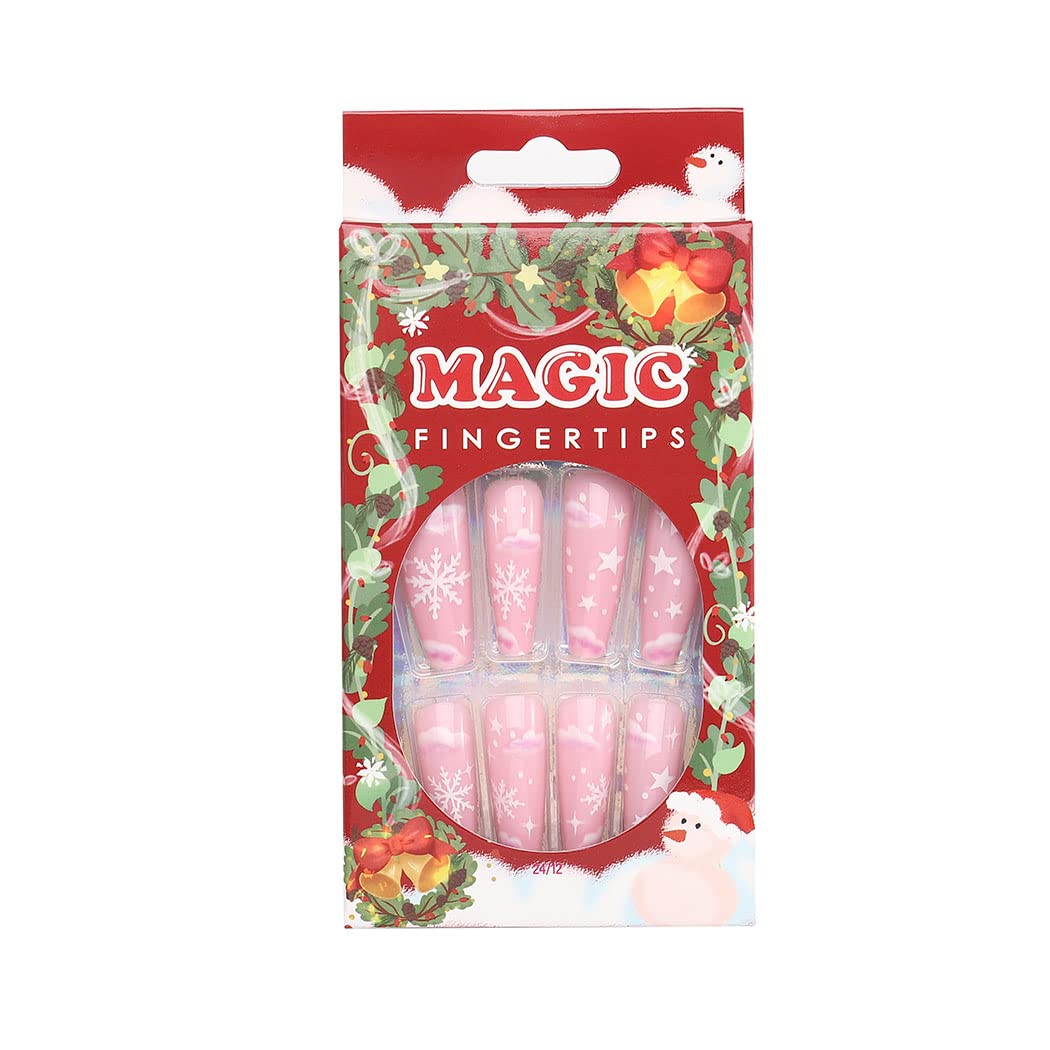 Christmas Snowflake Press-On Nails - Glossy Pink Coffin Fake Nails Long Cute Ballerina Style, Full Cover Artificial False Nails Tips for Women & Girls (24Pcs, Style B) - Perfect for Holiday Parties, Gift Giving & Special Occasions