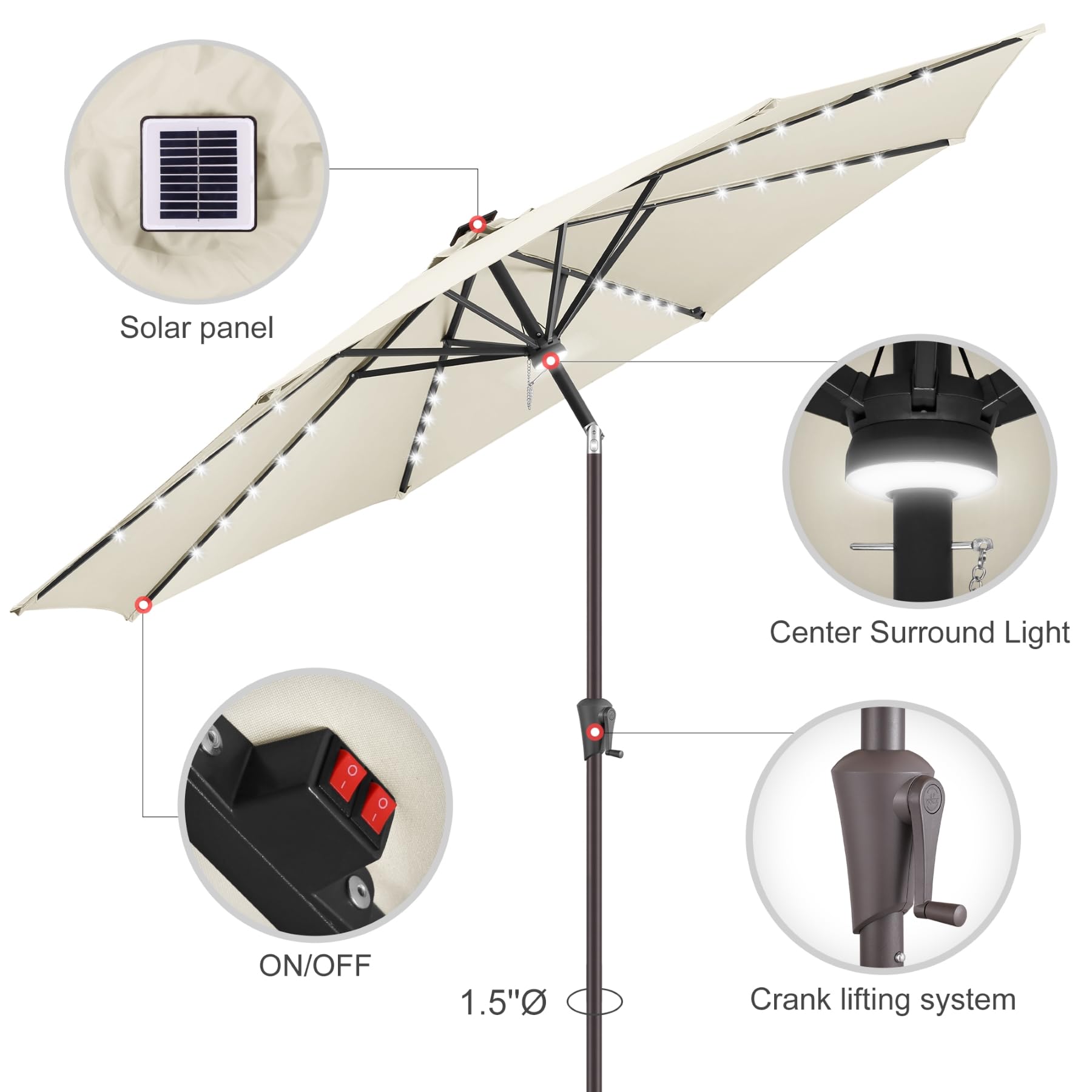 9 ft Solar Powered LED Patio Umbrella with 40 Energy-Saving Lights - Waterproof Outdoor Market Umbrella for Garden, Poolside, Backyard & Beach - Ivory