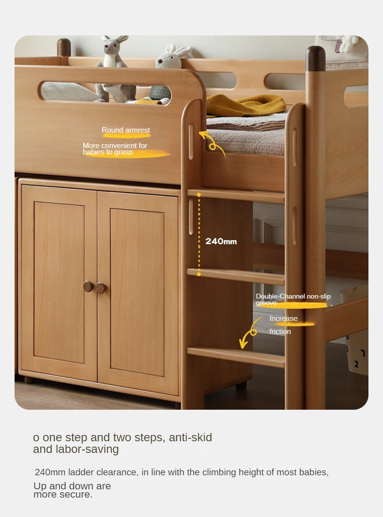 Solid Oak Wood Mid-High Bed with Slanted Ladder - Sturdy Adult Loft Bed for Small Spaces, Dorm Rooms & Modern Apartments
