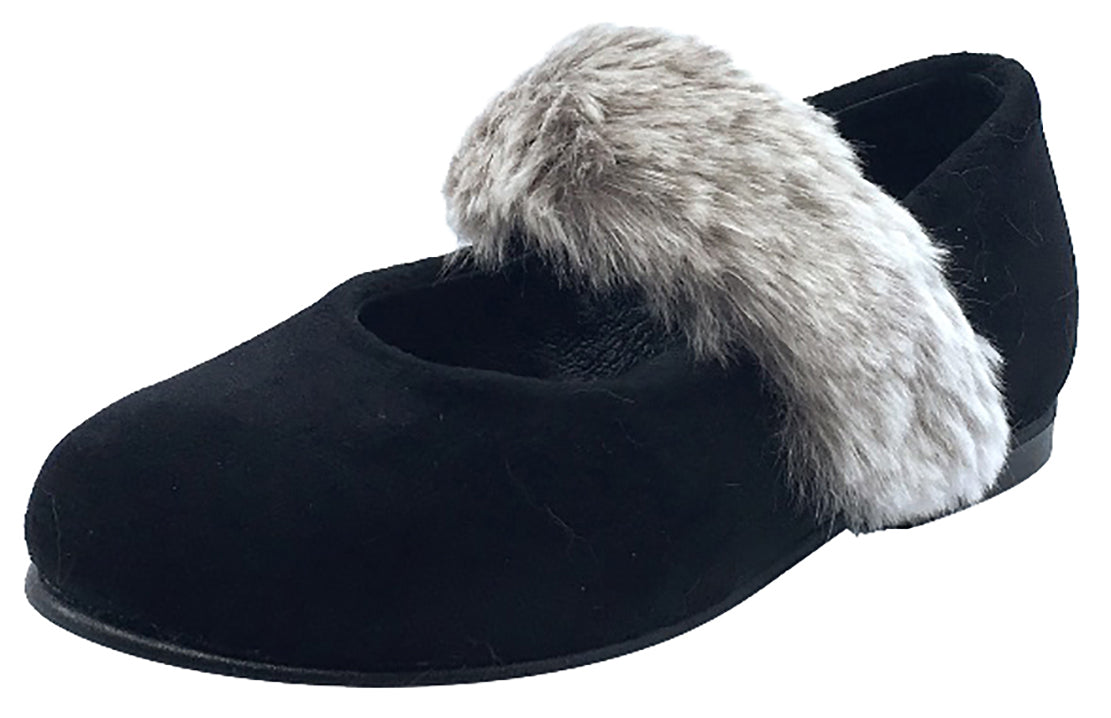 Luccini Girls' Slip-On Mary Jane Shoes with Soft Fur Trim - Black Suede Casual Flats for Toddlers & Kids | Perfect for School, Parties & Everyday Wear